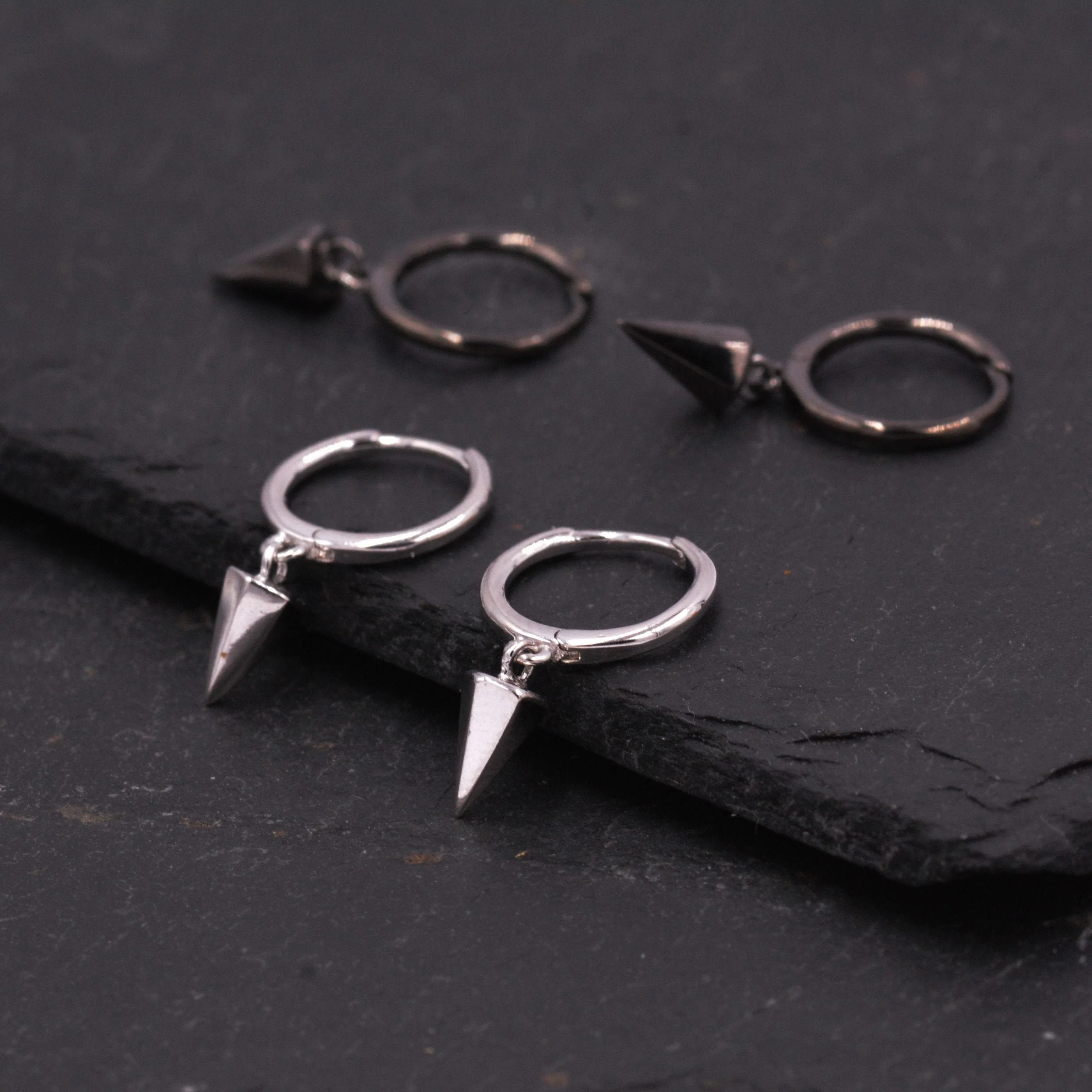 Dangling Spike Dagger Huggie Hoop Earrings in Sterling Silver, Dangle Hoop Earrings, Black Rhodium and Silver, Dainty Jewellery - Image 8