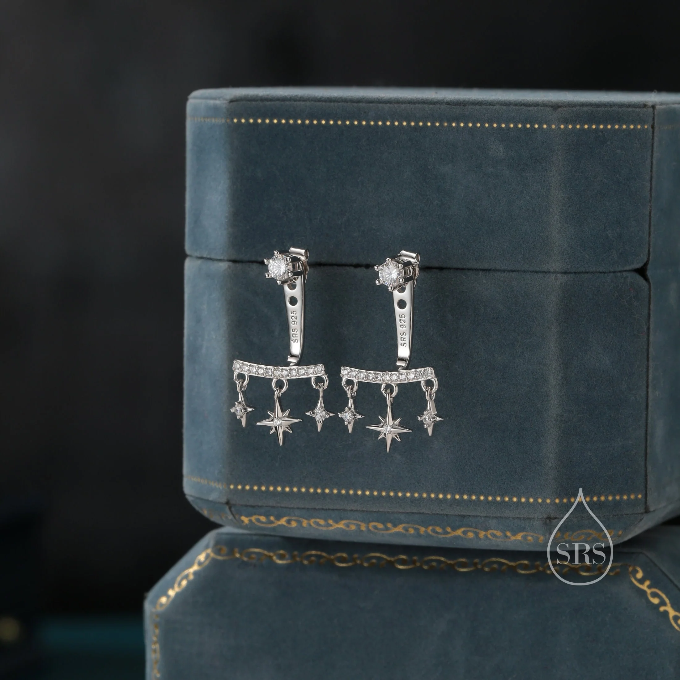 Dangling Starburst Star Ear Jacket in Sterling Silver, Front and Back Dangle Star Jacket Earrings, Silver or Gold or Rose Gold - Image 3