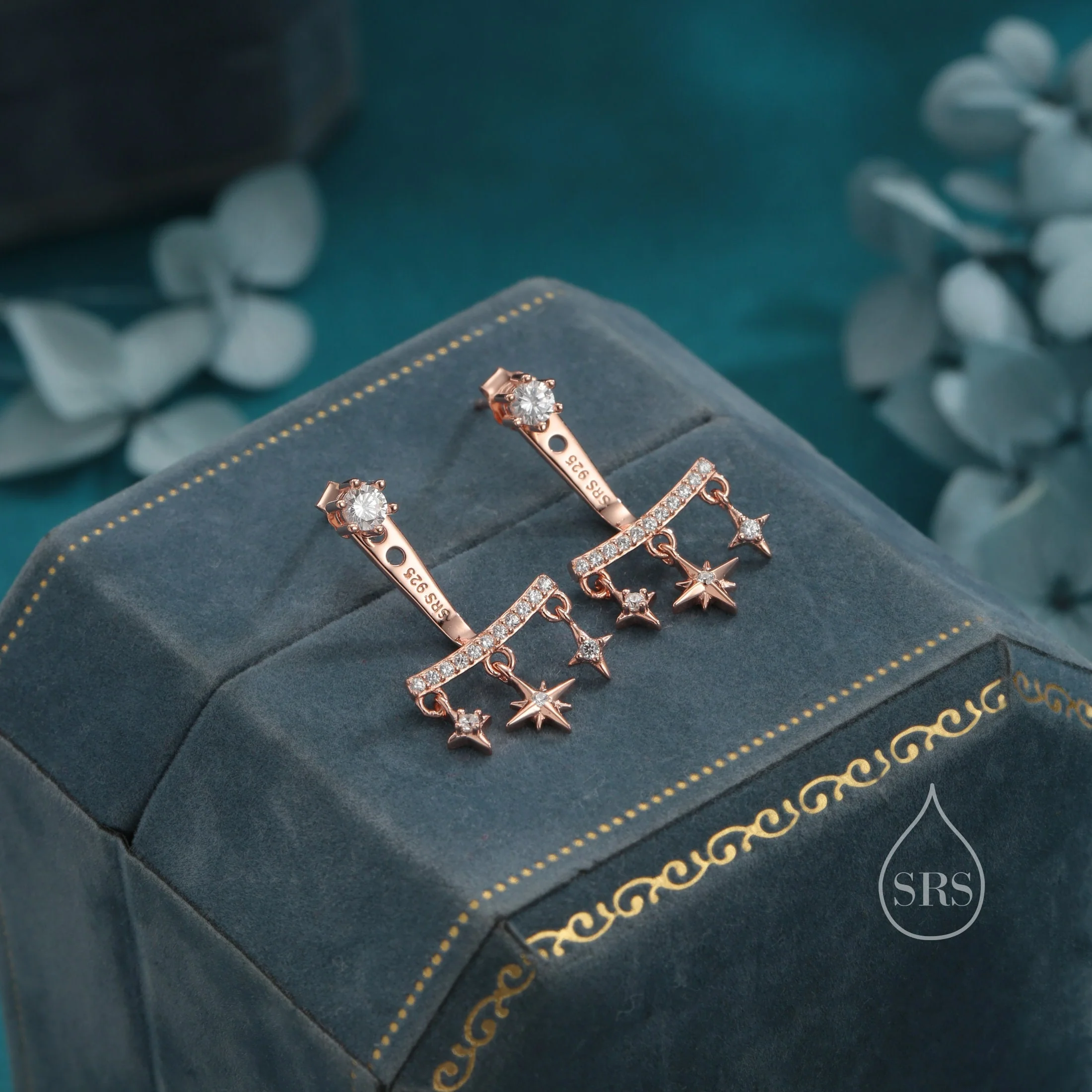 Dangling Starburst Star Ear Jacket in Sterling Silver, Front and Back Dangle Star Jacket Earrings, Silver or Gold or Rose Gold - Image 4