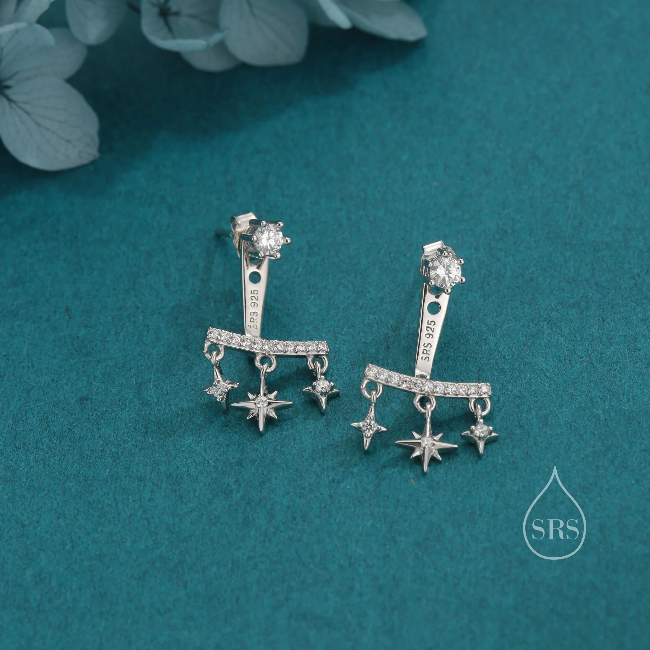 Dangling Starburst Star Ear Jacket in Sterling Silver, Front and Back Dangle Star Jacket Earrings, Silver or Gold or Rose Gold - Image 7
