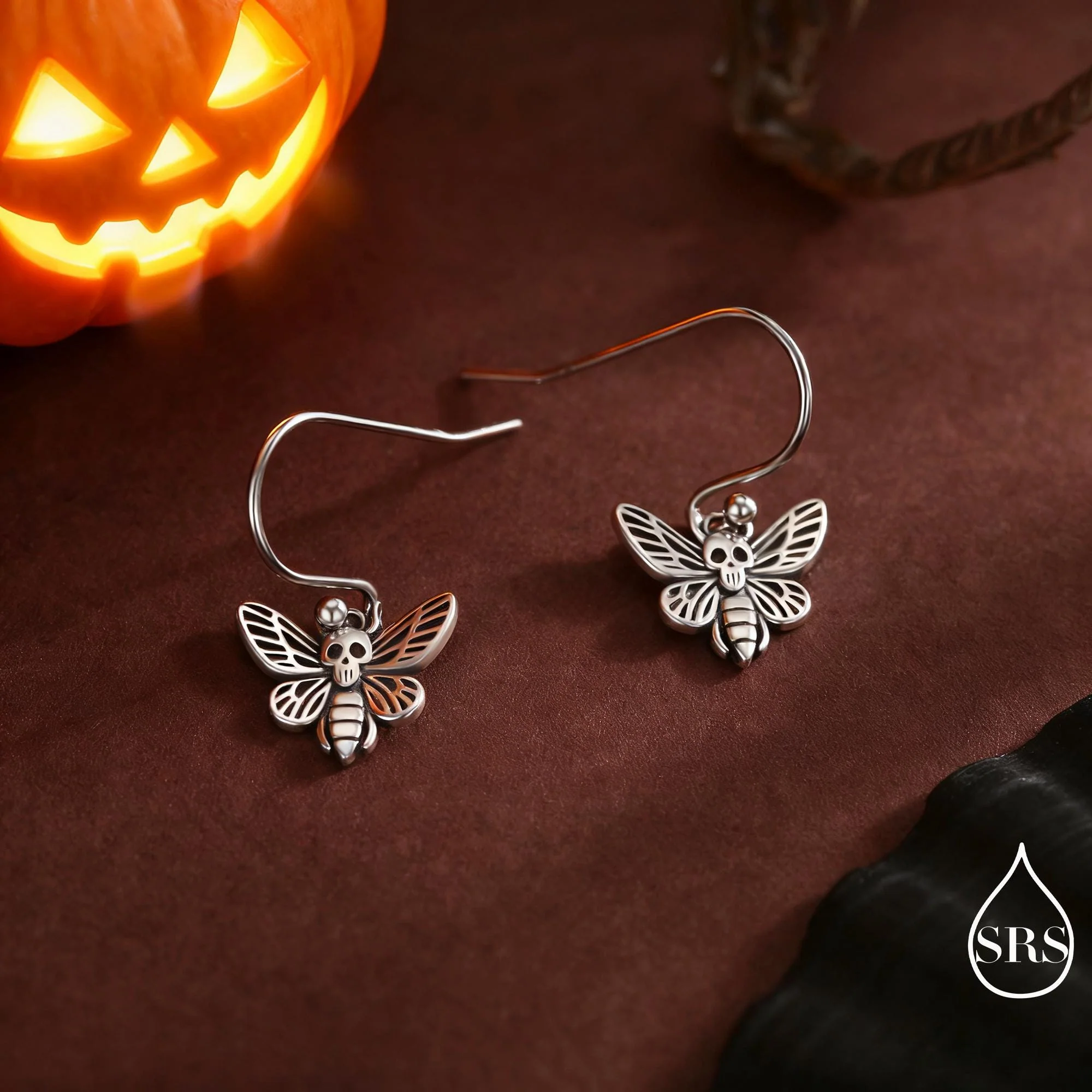 Death's-head Hawkmoth Moth Drop Hook Earrings in Sterling Silver, Silver Gold or Rose Gold, Nature Inspired Insect Animal Earrings - Image 2