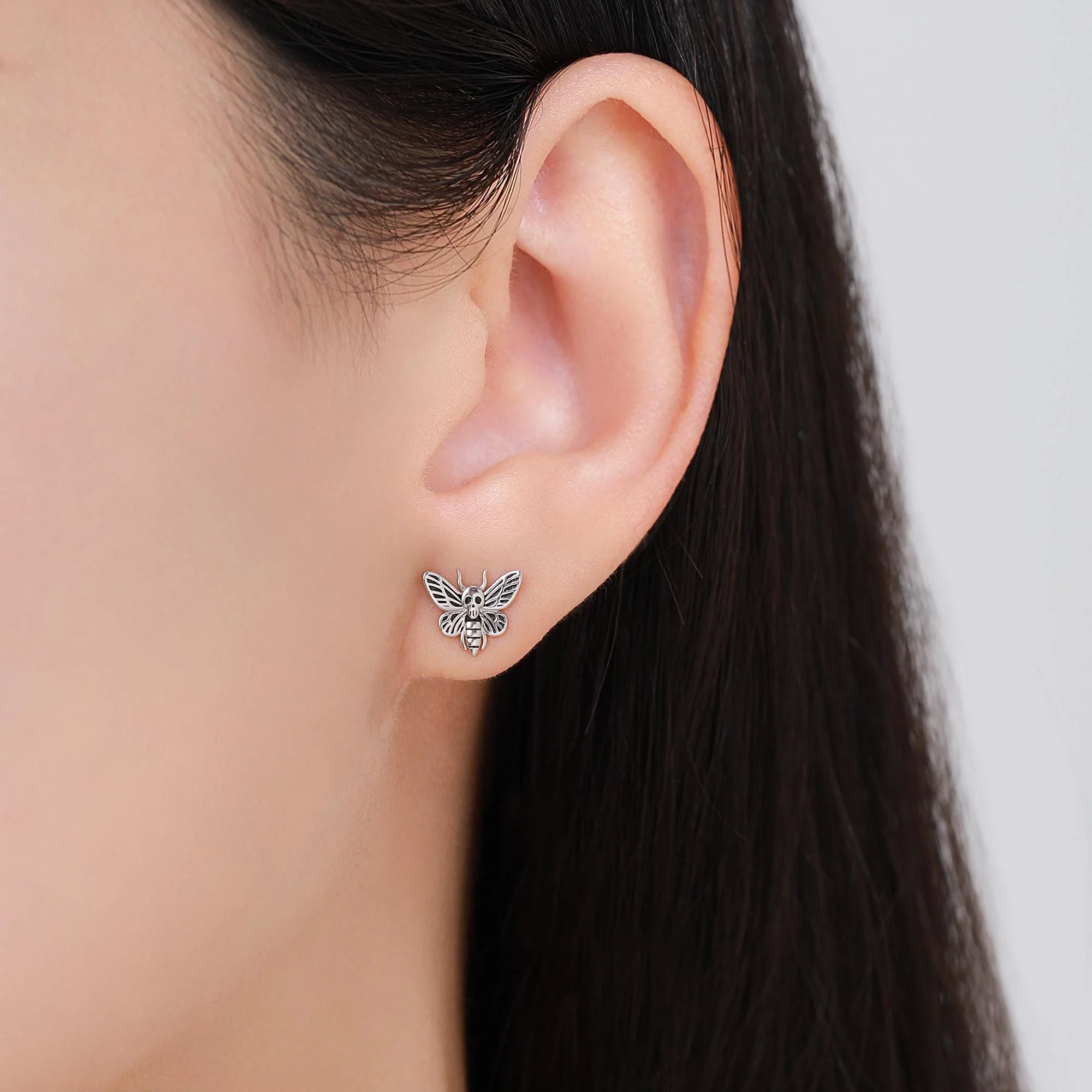 Death's-head Hawkmoth Moth 16G Internally Threaded Flat Back Earrings in Sterling Silver, Animal Earrings - Image 2