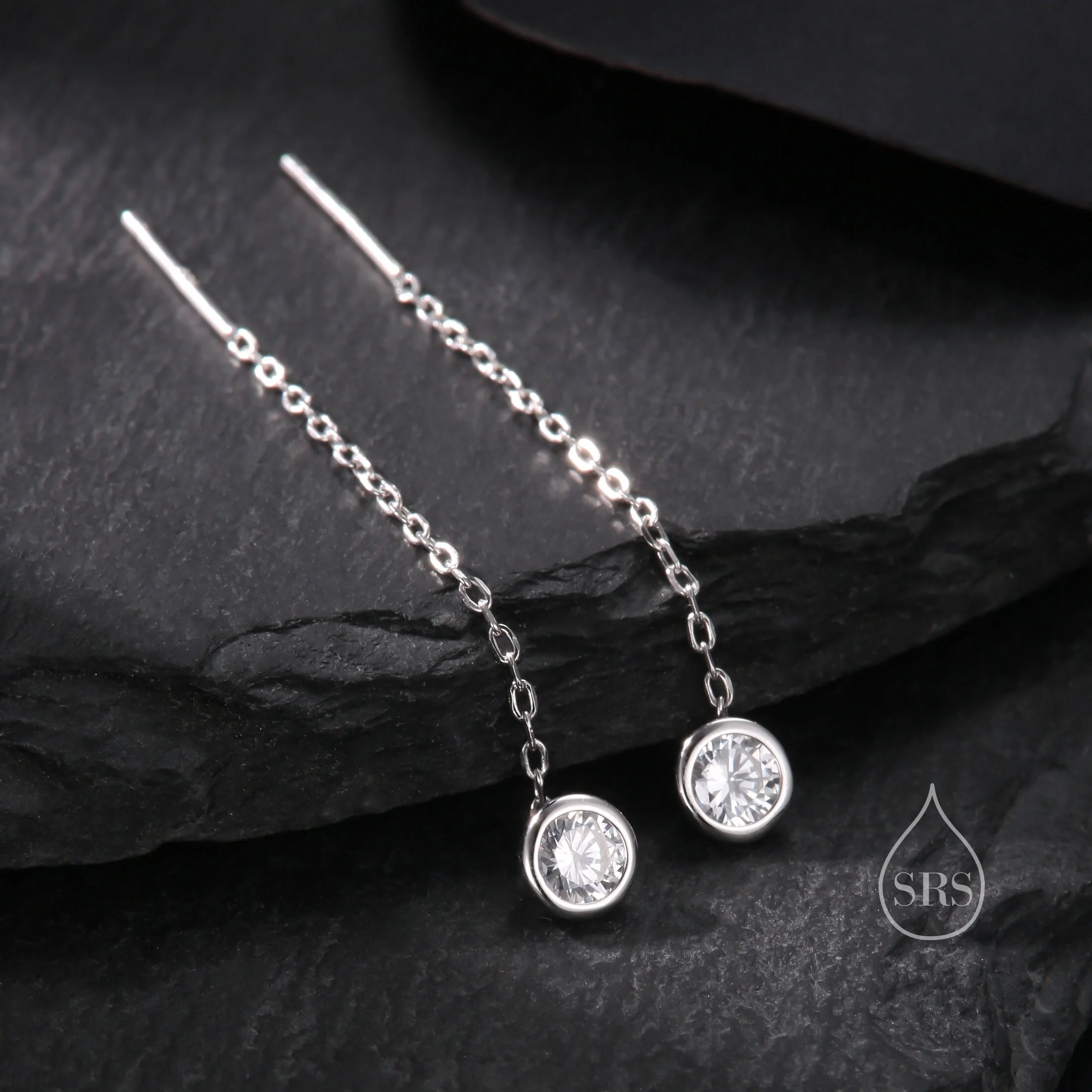 Delicate 4mm Bezel CZ Crystal Threader Earrings in Sterling Silver, Silver or Gold, Minimalist Pear Cut Crystal Ear Threaders - Image 2