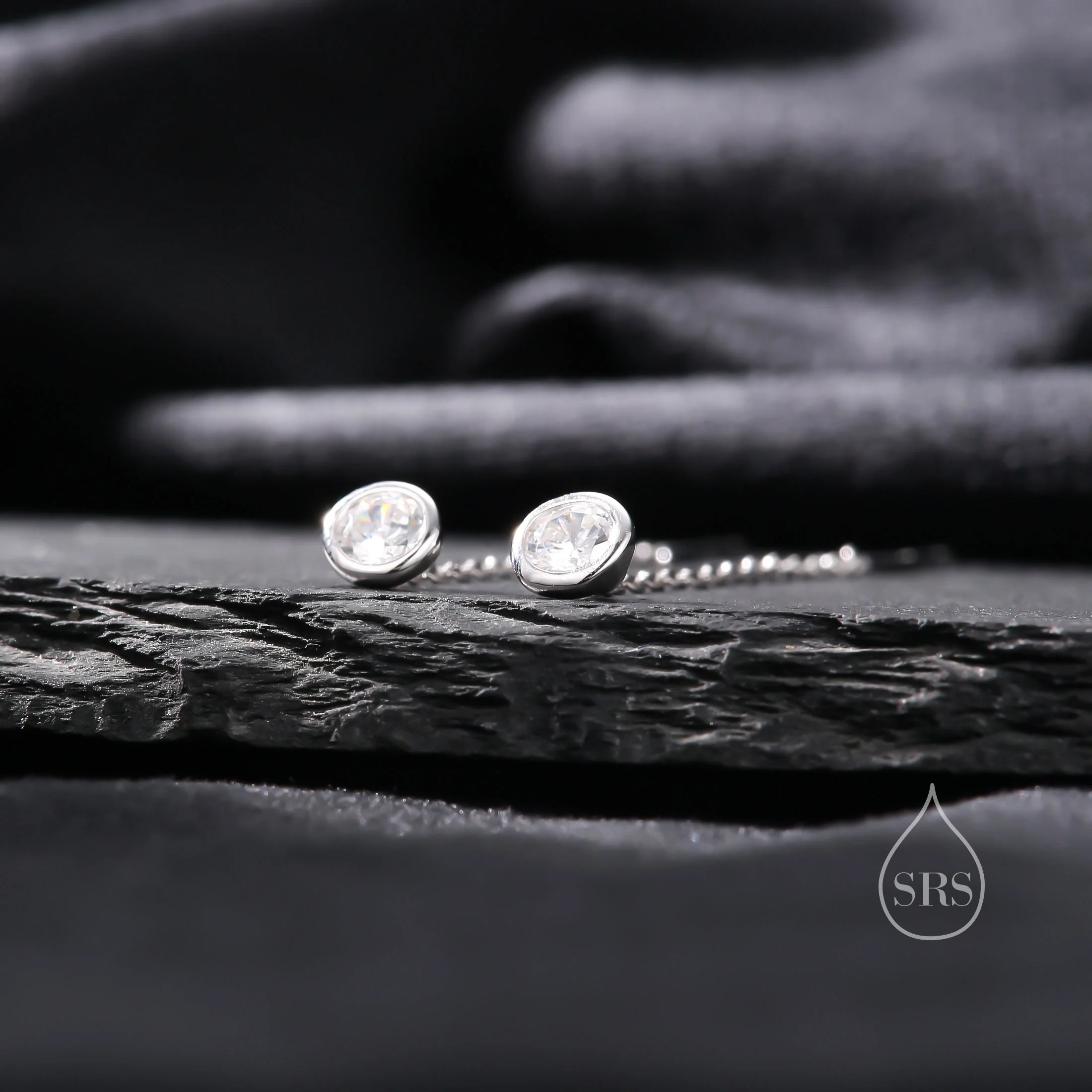 Delicate 4mm Bezel CZ Crystal Threader Earrings in Sterling Silver, Silver or Gold, Minimalist Pear Cut Crystal Ear Threaders - Image 3