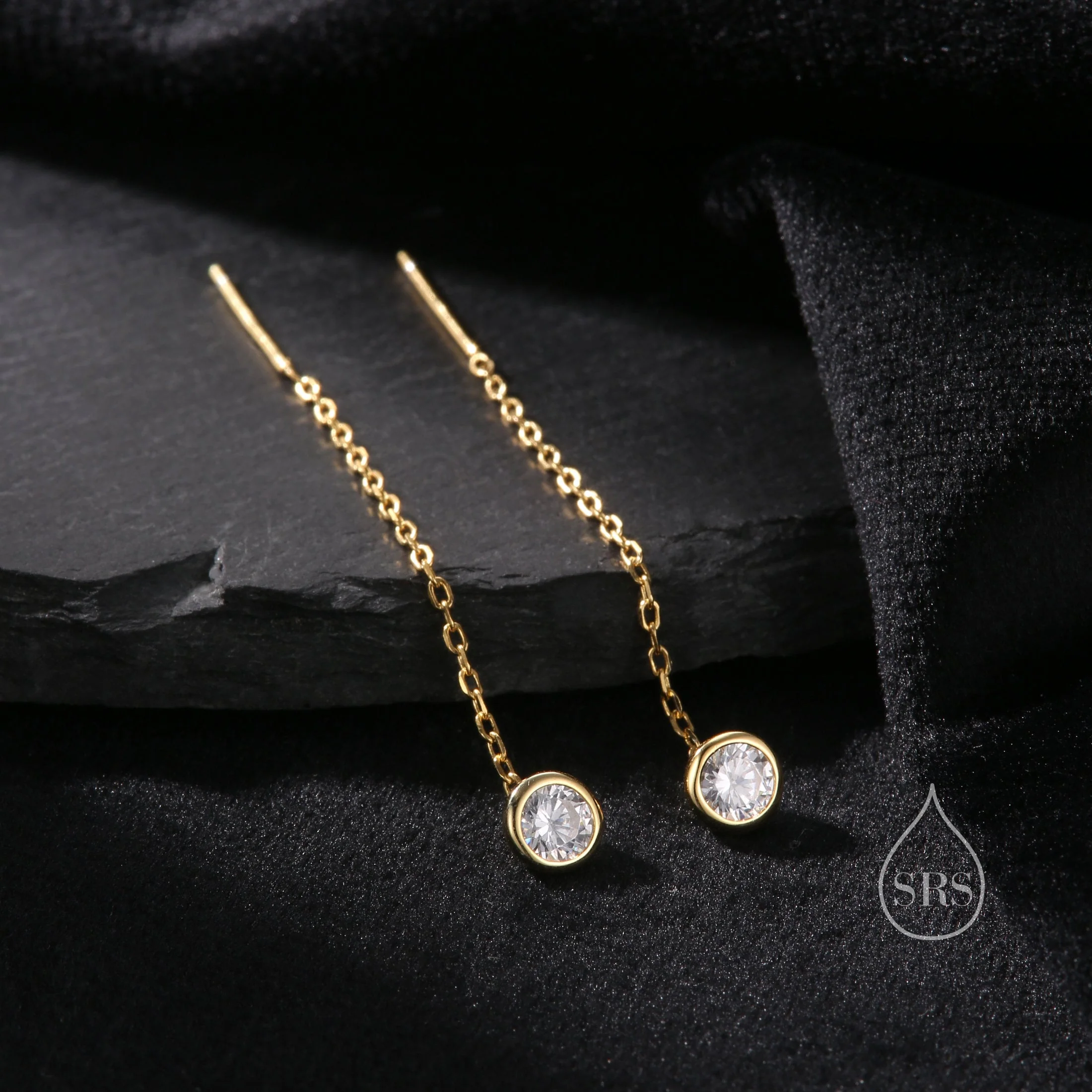 Delicate 4mm Bezel CZ Crystal Threader Earrings in Sterling Silver, Silver or Gold, Minimalist Pear Cut Crystal Ear Threaders - Image 4