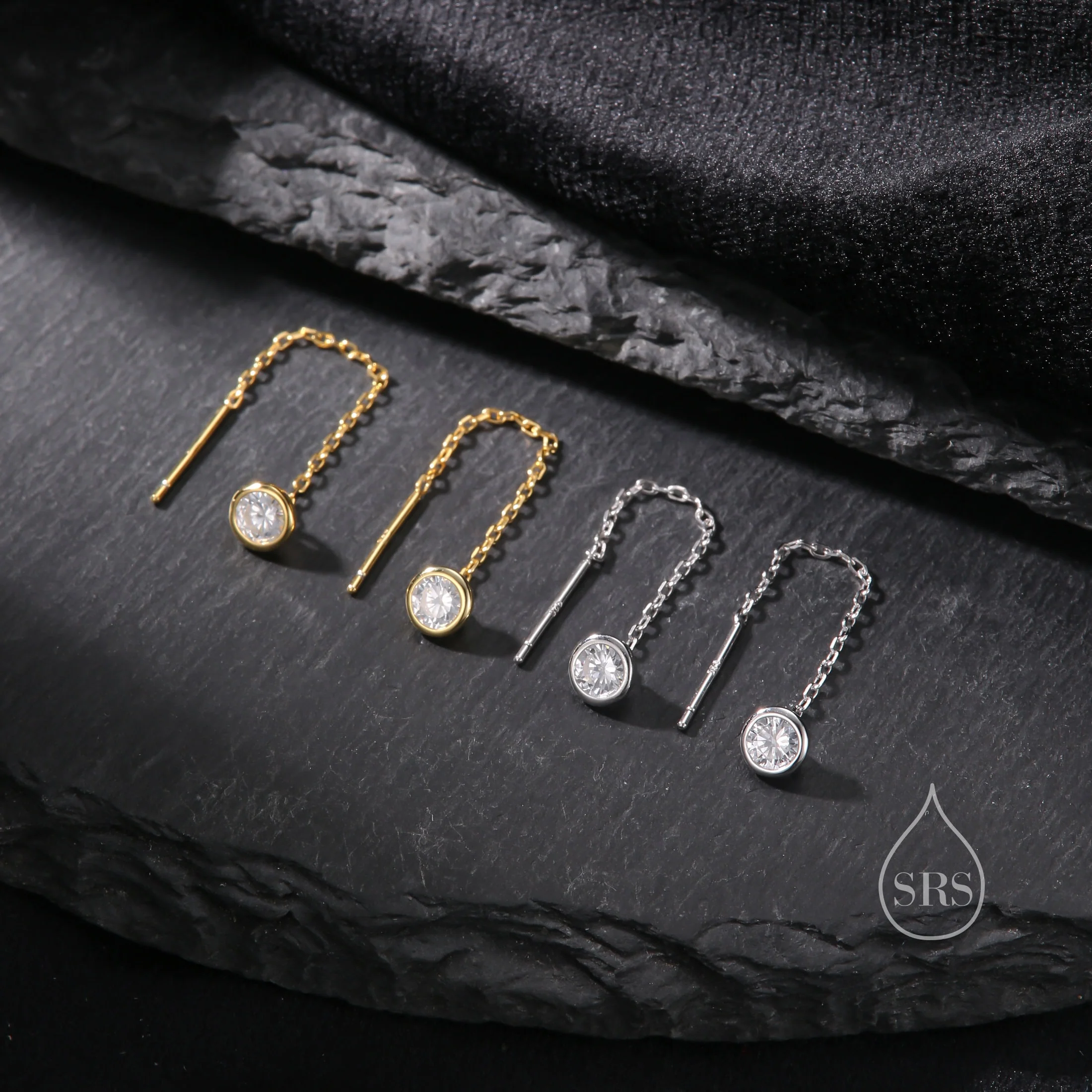 Delicate 4mm Bezel CZ Crystal Threader Earrings in Sterling Silver, Silver or Gold, Minimalist Pear Cut Crystal Ear Threaders - Image 5