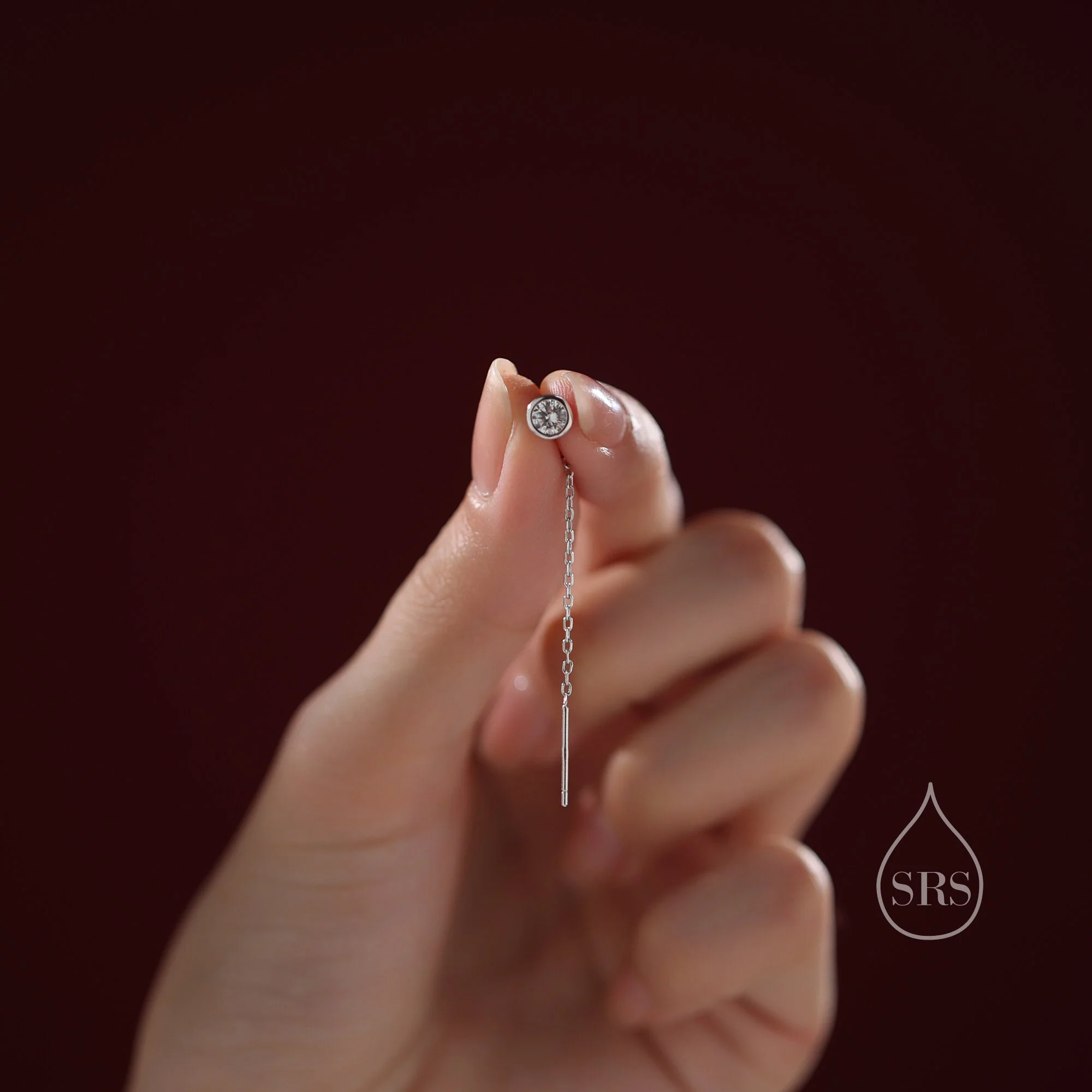 Delicate 4mm Bezel CZ Crystal Threader Earrings in Sterling Silver, Silver or Gold, Minimalist Pear Cut Crystal Ear Threaders - Image 7