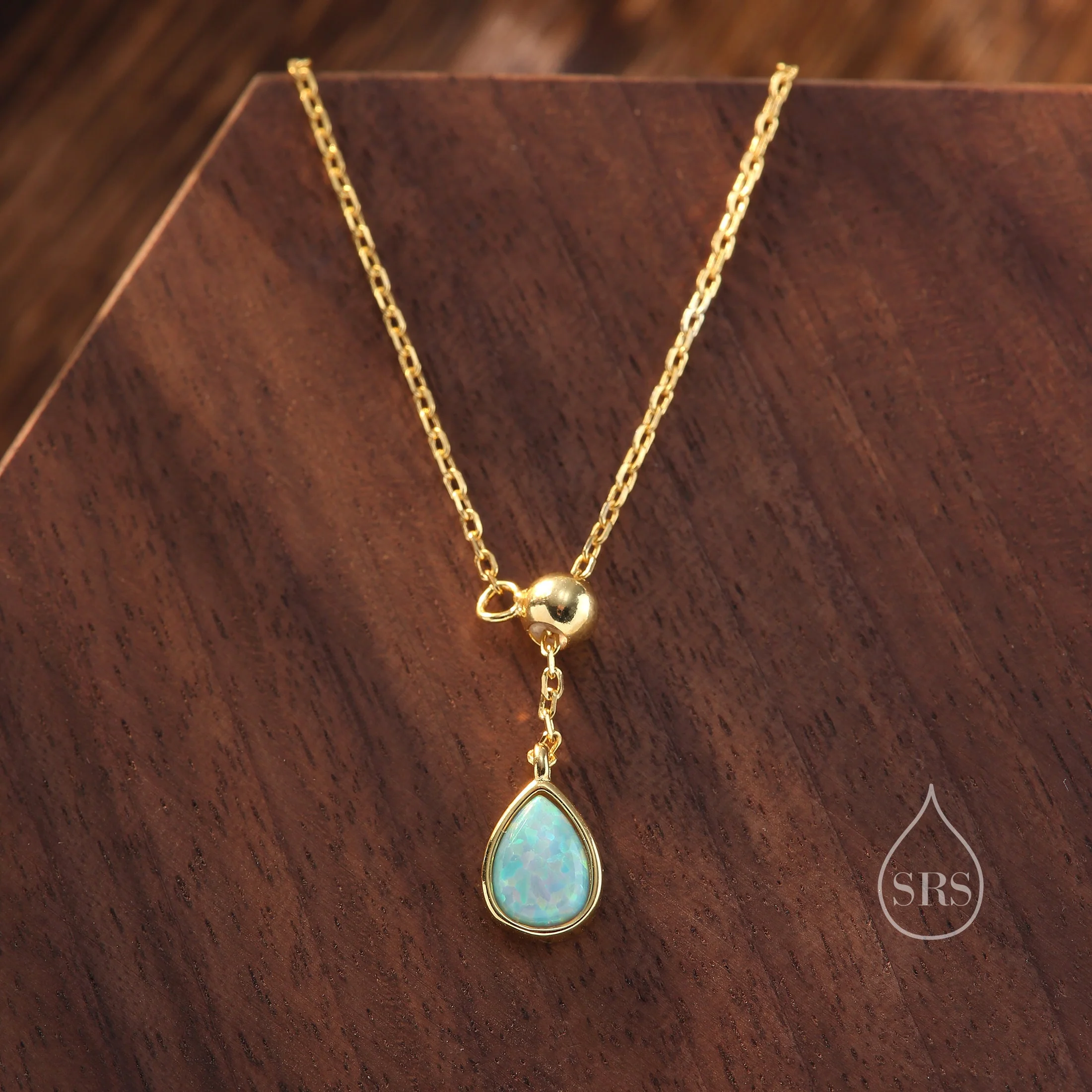 Delicate Aqua Green Opal Droplet Lariat Pendant Necklace in Sterling Silver, Silver or Gold, Pear Shape Lab Opal Adjustable Necklace - Image 5