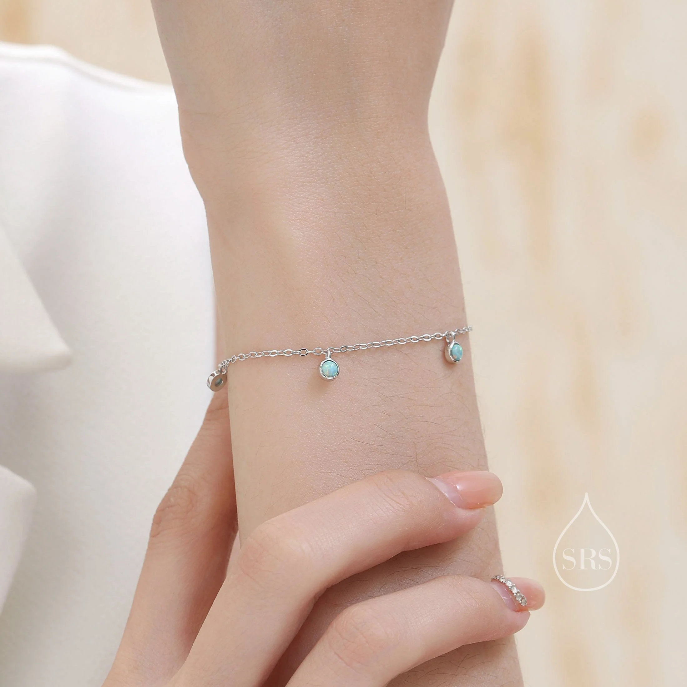 Delicate Blue Opal Charm Bracelet in Sterling Silver, Silver or Gold, Sterling Silver Tiny Opal Bracelet - Image 3