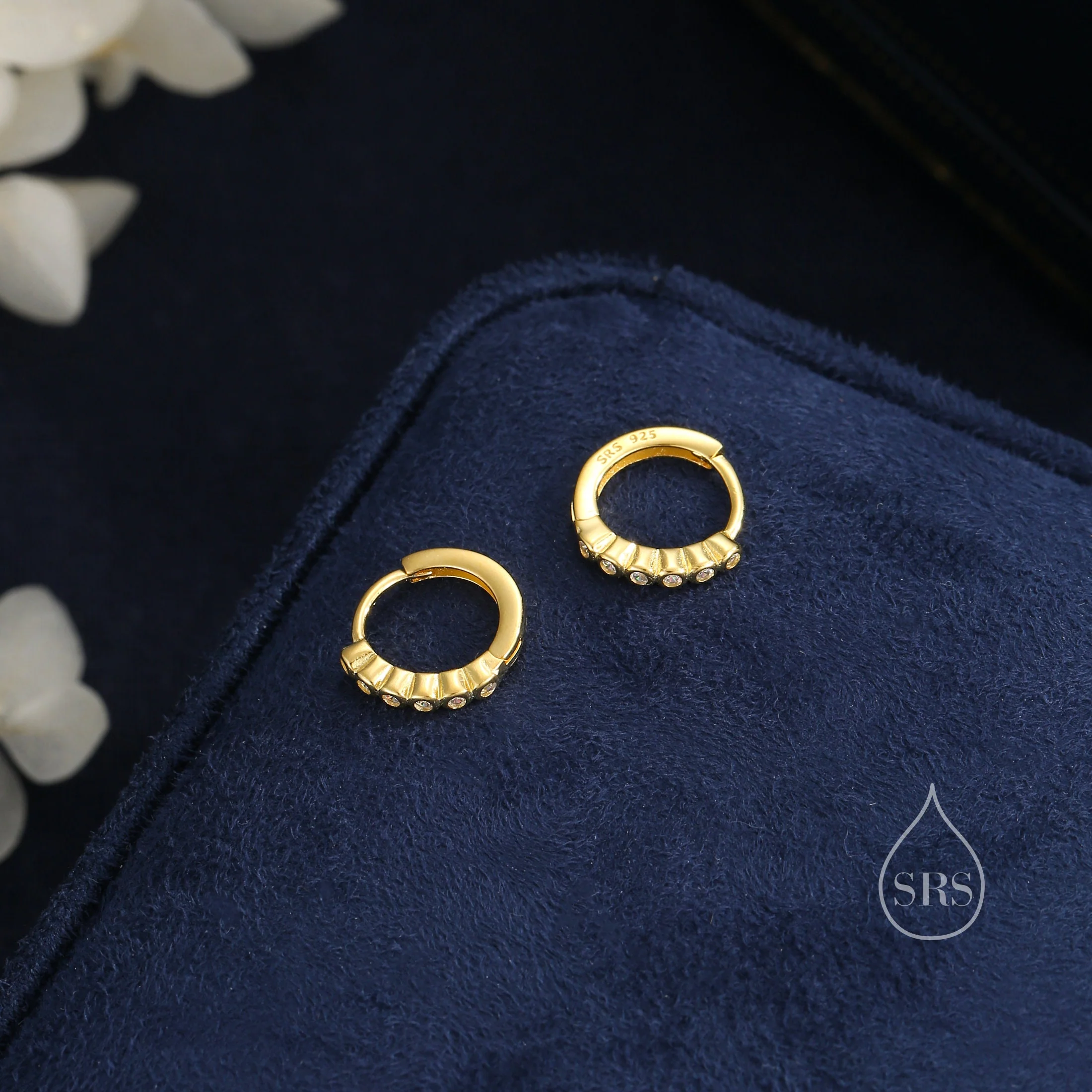 Delicate CZ Huggie Hoop Earrings in Sterling Silver, 8mm Inner Diameter, Silver or Gold, Geometric Hoop Earrings - Image 5