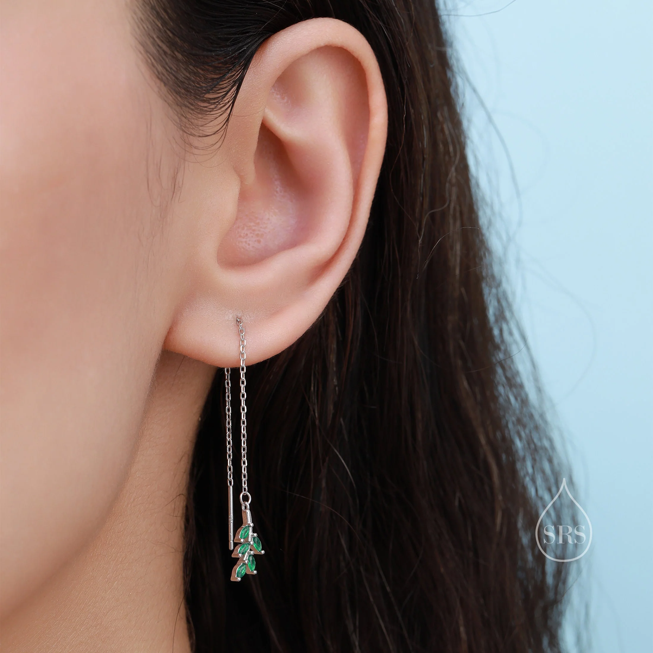 Delicate CZ Leaf Threader Earrings in Sterling Silver, Olive Branch Earrings, Silver or Gold, Clear CZ or Emerald Green, Long Threaders - Image 2