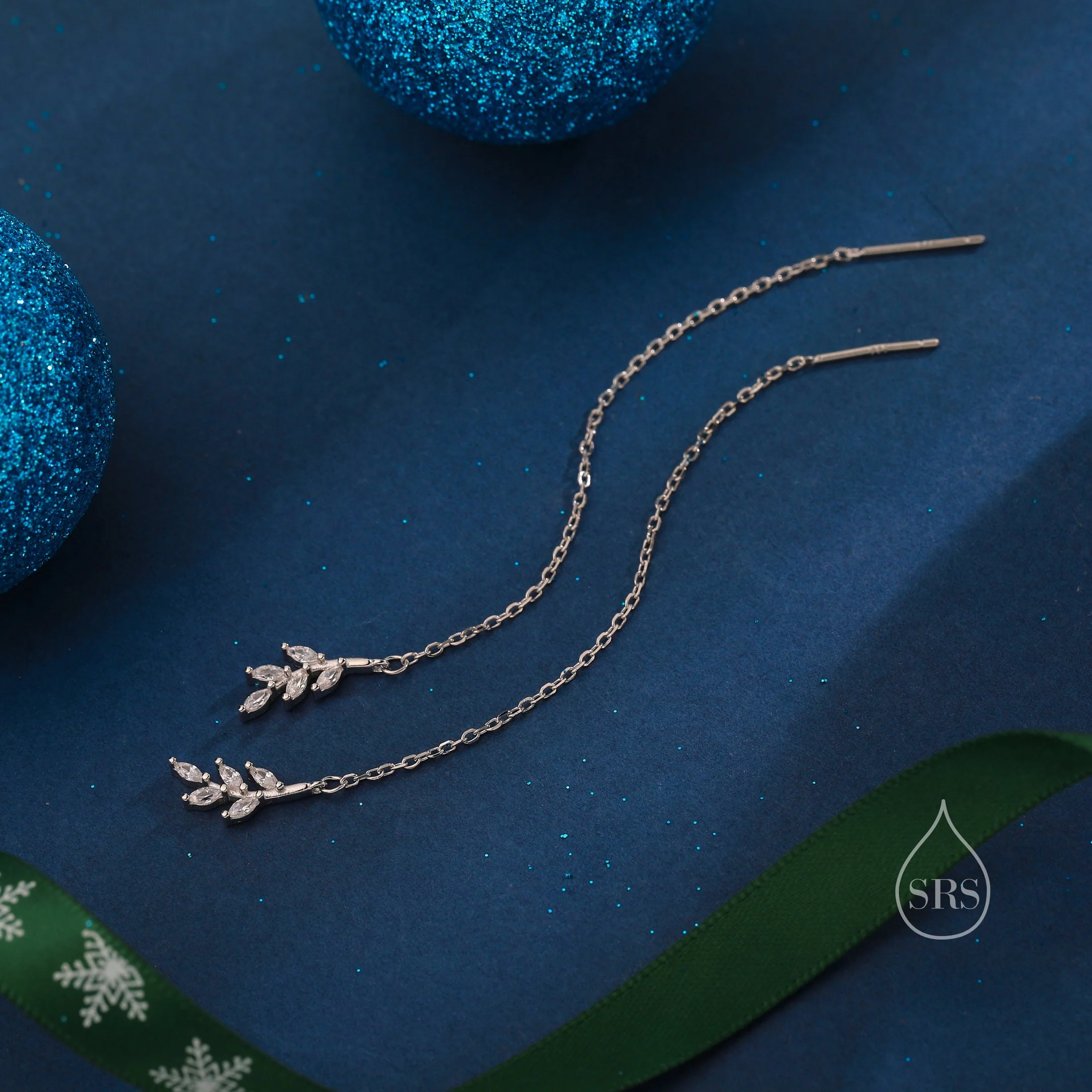 Delicate CZ Leaf Threader Earrings in Sterling Silver, Olive Branch Earrings, Silver or Gold, Clear CZ or Emerald Green, Long Threaders - Image 4