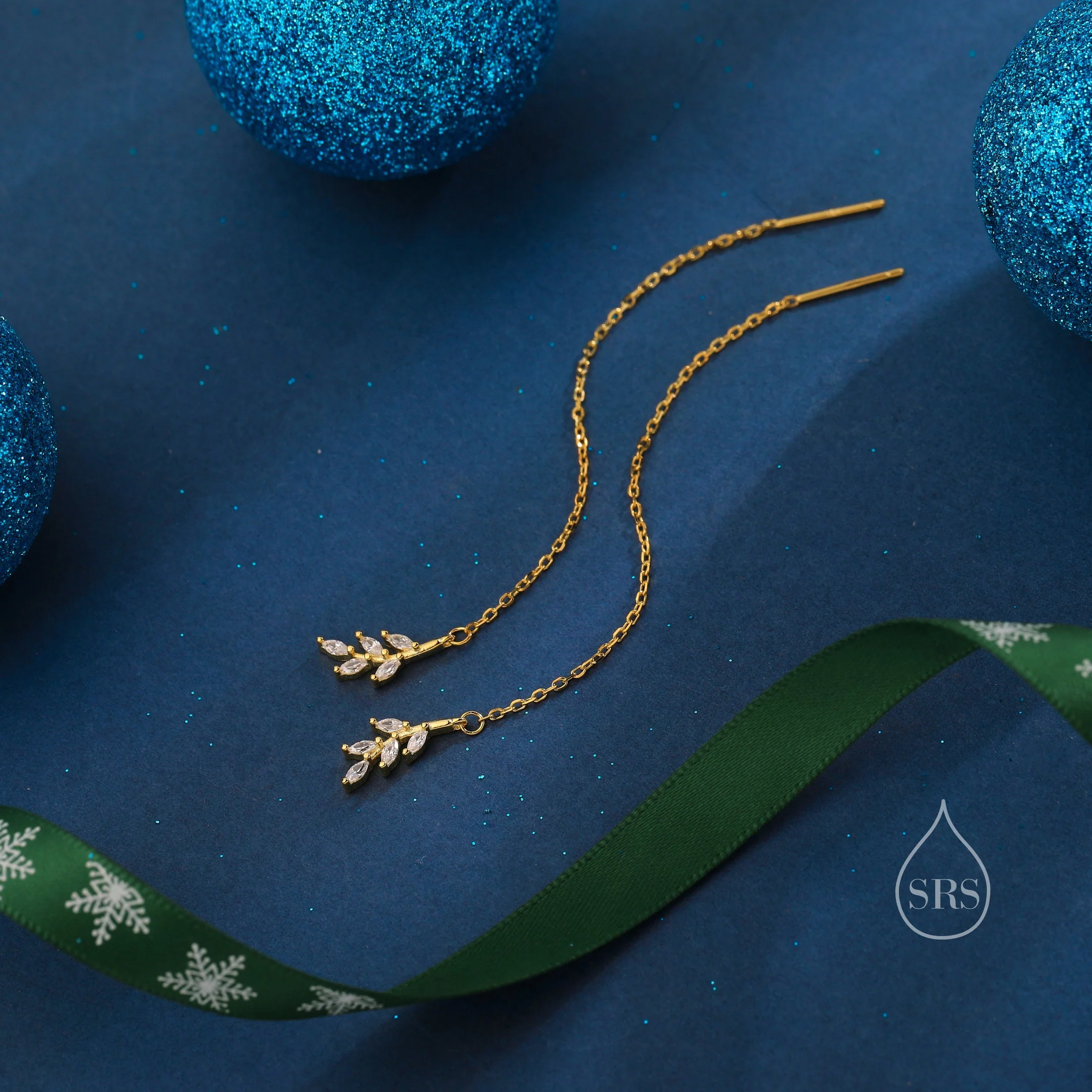 Delicate CZ Leaf Threader Earrings in Sterling Silver, Olive Branch Earrings, Silver or Gold, Clear CZ or Emerald Green, Long Threaders - Image 5