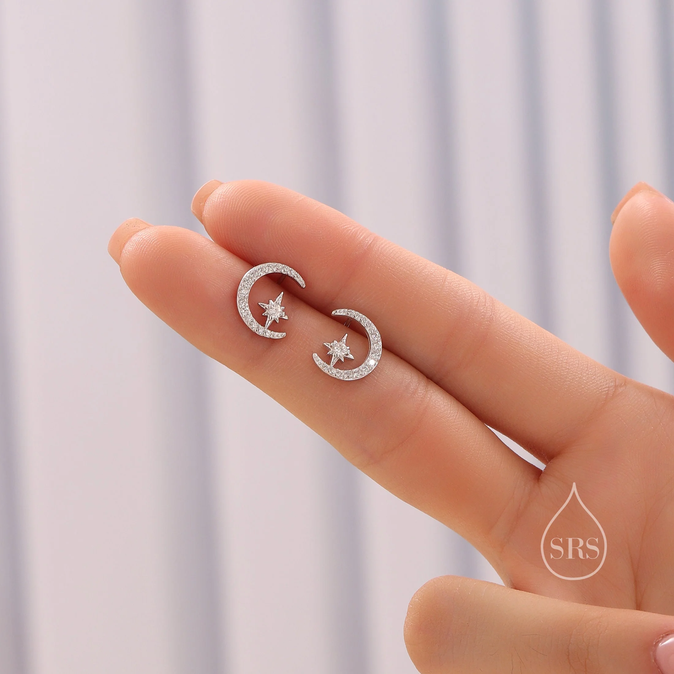 Delicate CZ Moon and Star Stud Earrings in Sterling Silver, Silver, Gold or Rose Gold, Small Moon and Starburst Earrings, Celestial Earrings - Image 3