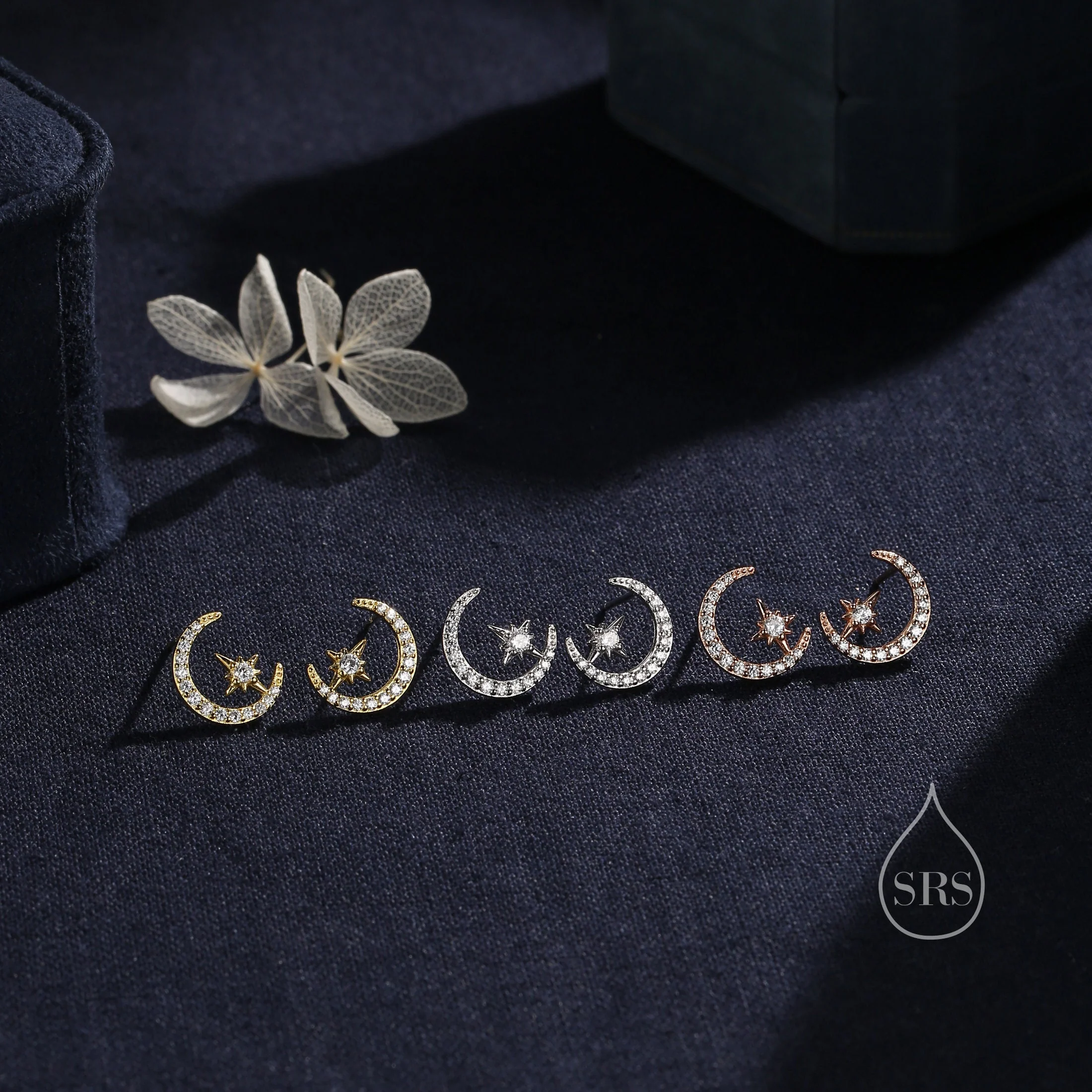 Delicate CZ Moon and Star Stud Earrings in Sterling Silver, Silver, Gold or Rose Gold, Small Moon and Starburst Earrings, Celestial Earrings - Image 6