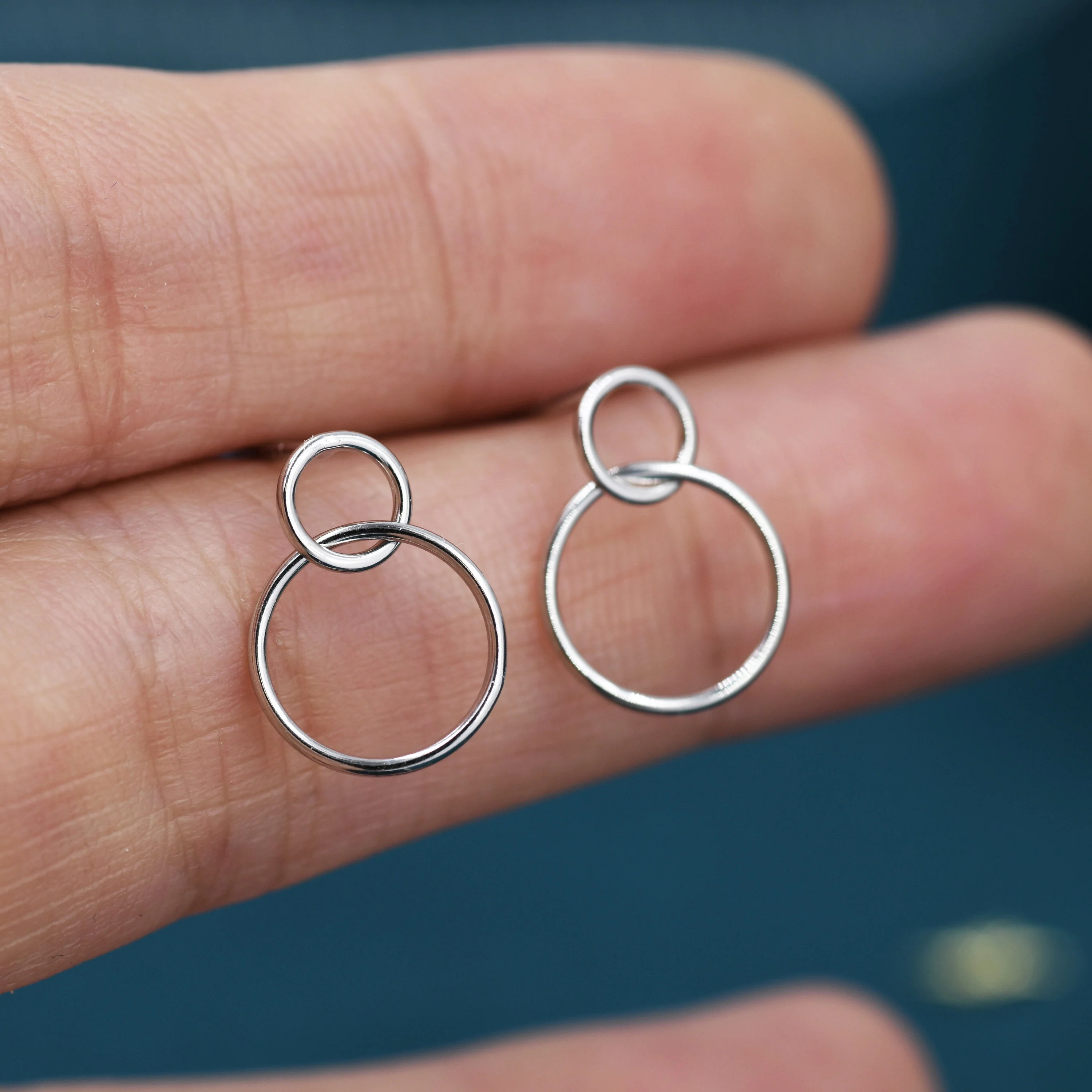 Delicate Double Ring Drop Stud Earrings in Sterling Silver, Two Circle Earrings, Two Ring Earrings, Interlinking Rings