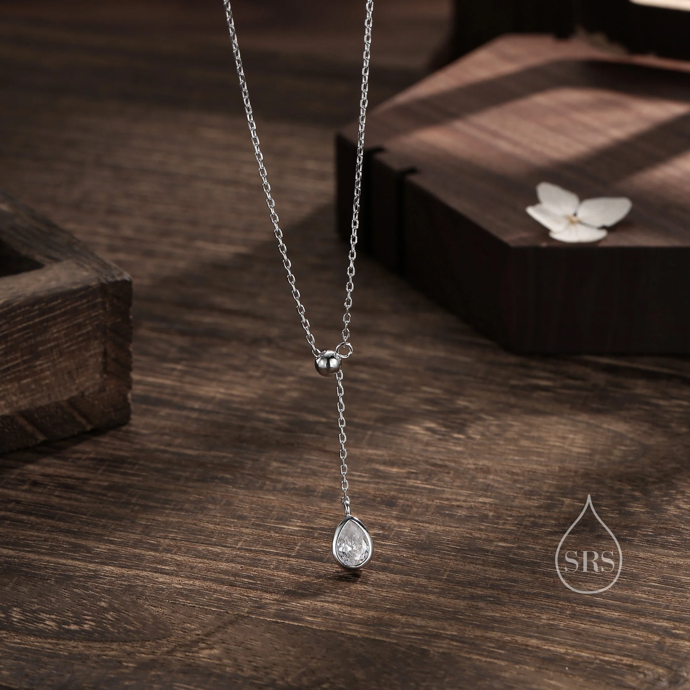 Delicate Droplet CZ Lariat Pendant Necklace in Sterling Silver, Silver or Gold, Minimalist Pear Cut CZ Adjustable Necklace