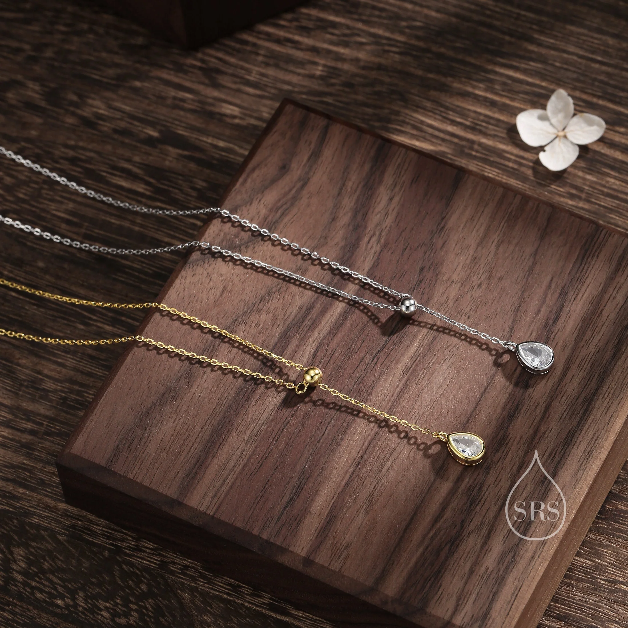 Delicate Droplet CZ Lariat Pendant Necklace in Sterling Silver, Silver or Gold, Minimalist Pear Cut CZ Adjustable Necklace - Image 4