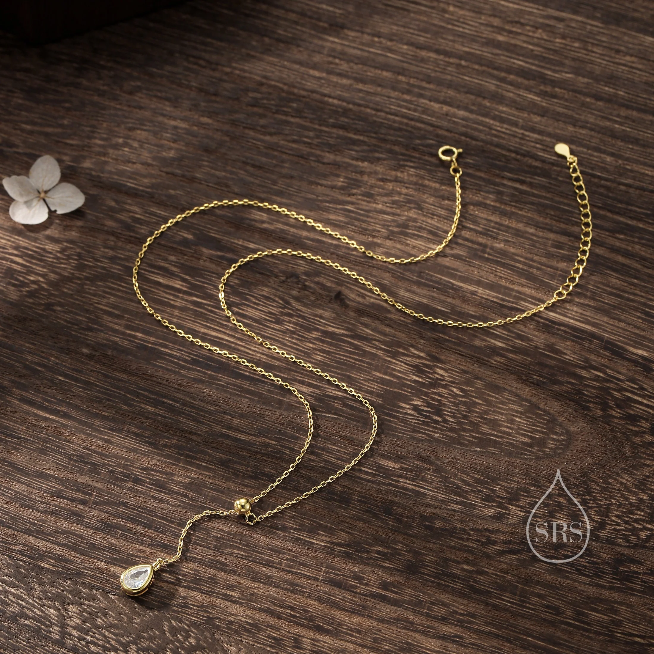 Delicate Droplet CZ Lariat Pendant Necklace in Sterling Silver, Silver or Gold, Minimalist Pear Cut CZ Adjustable Necklace - Image 5