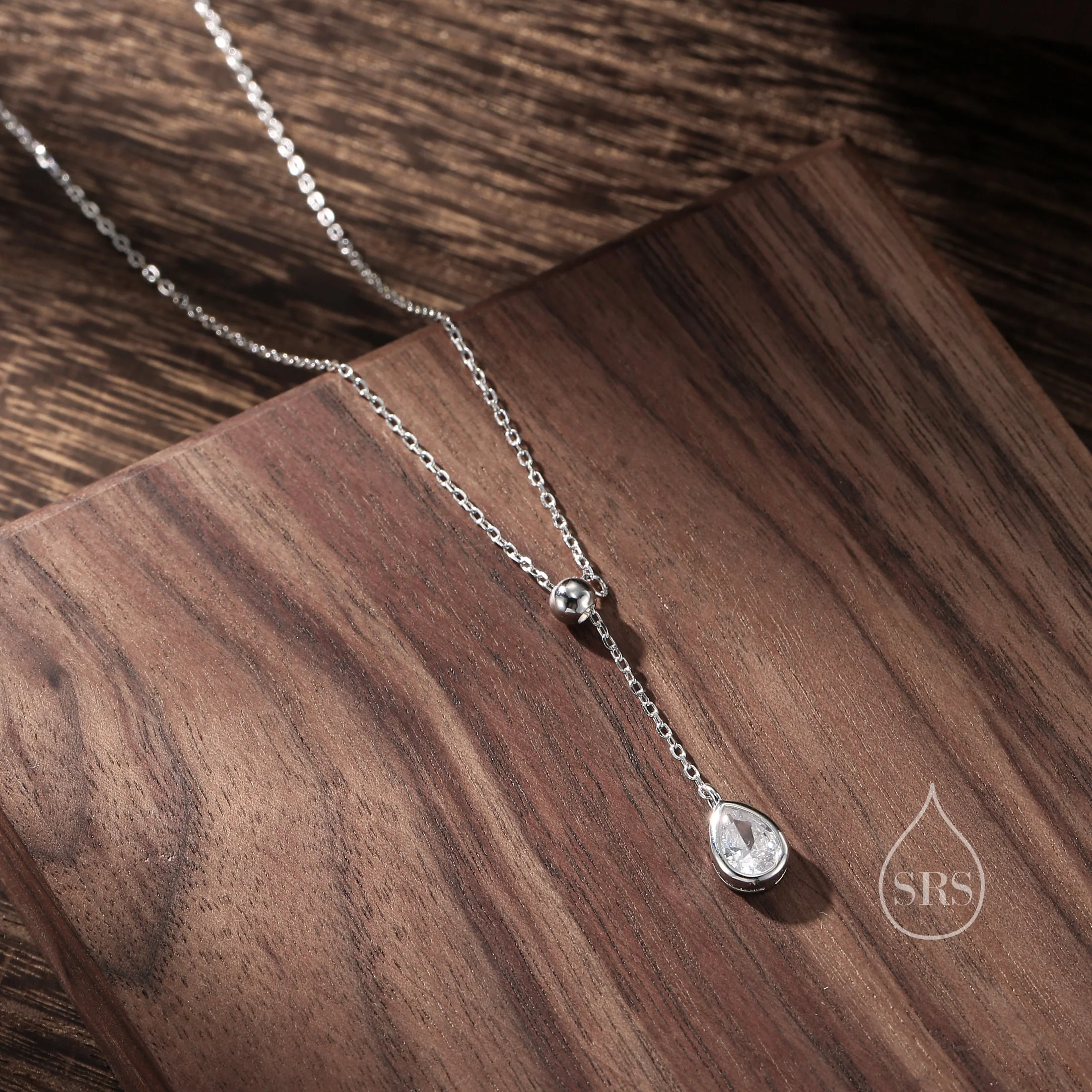 Delicate Droplet CZ Lariat Pendant Necklace in Sterling Silver, Silver or Gold, Minimalist Pear Cut CZ Adjustable Necklace - Image 6