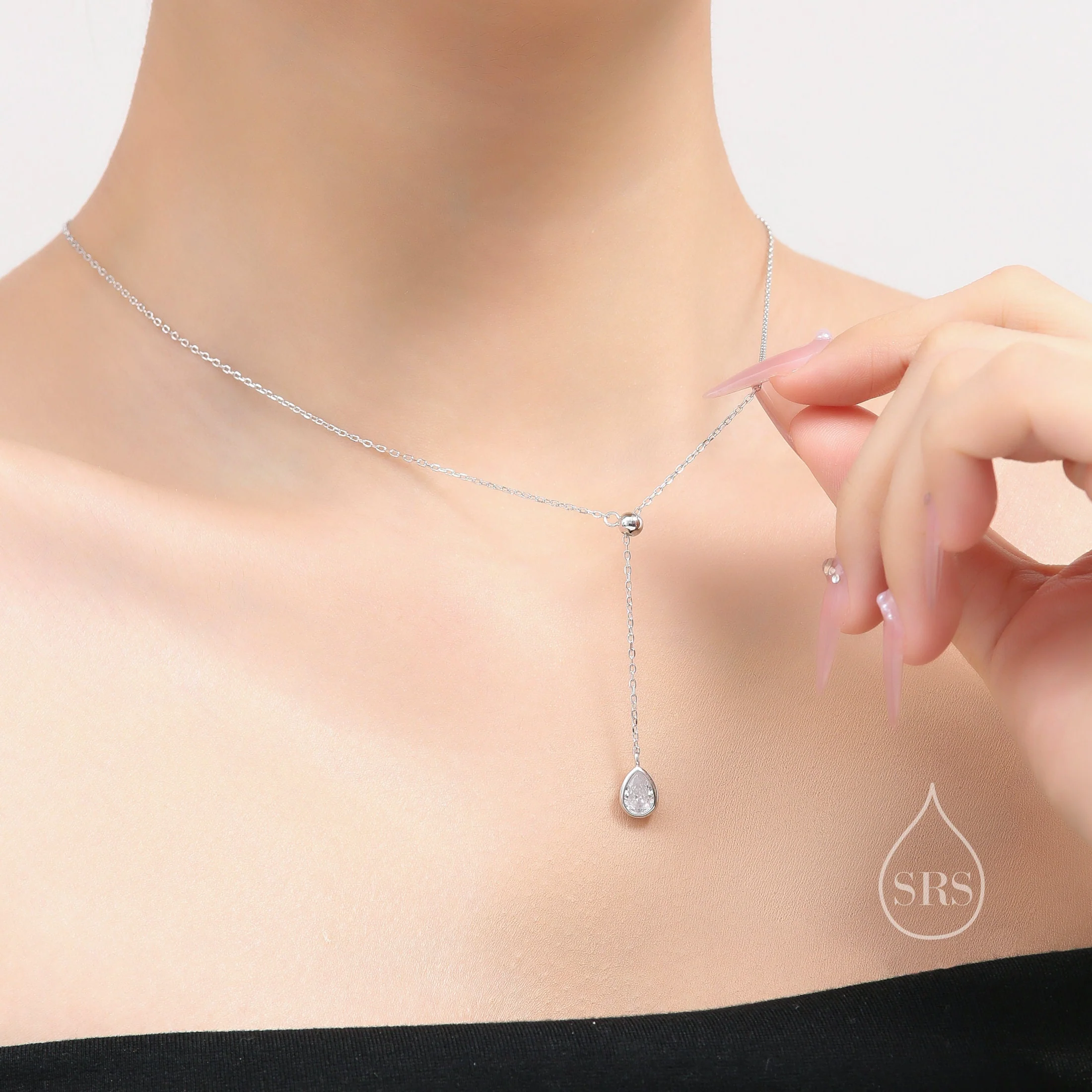 Delicate Droplet CZ Lariat Pendant Necklace in Sterling Silver, Silver or Gold, Minimalist Pear Cut CZ Adjustable Necklace - Image 7