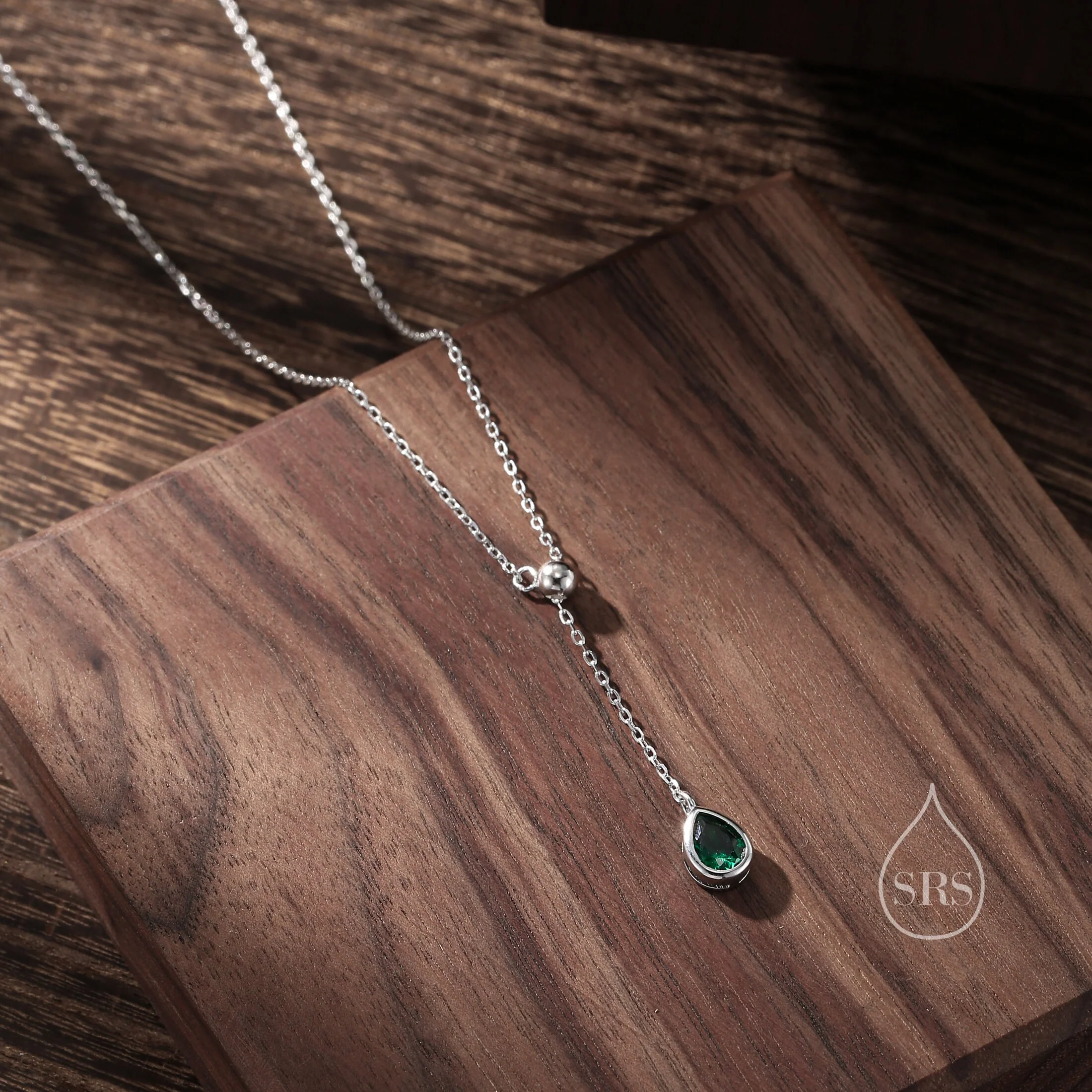 Delicate Droplet Emerald Green CZ Lariat Pendant Necklace in Sterling Silver, Silver or Gold, Minimalist Pear Cut CZ Adjustable Necklace - Image 4