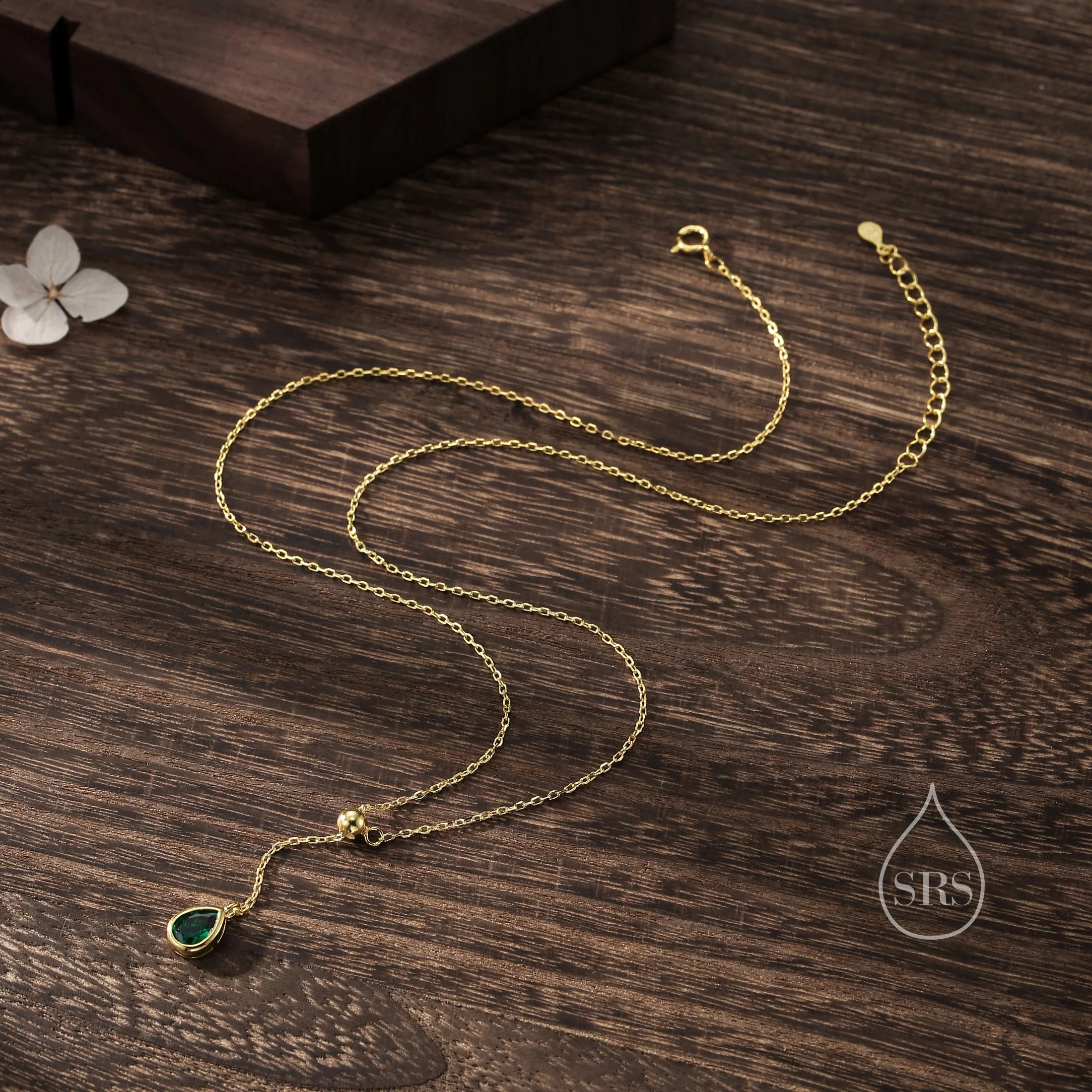 Delicate Droplet Emerald Green CZ Lariat Pendant Necklace in Sterling Silver, Silver or Gold, Minimalist Pear Cut CZ Adjustable Necklace - Image 5