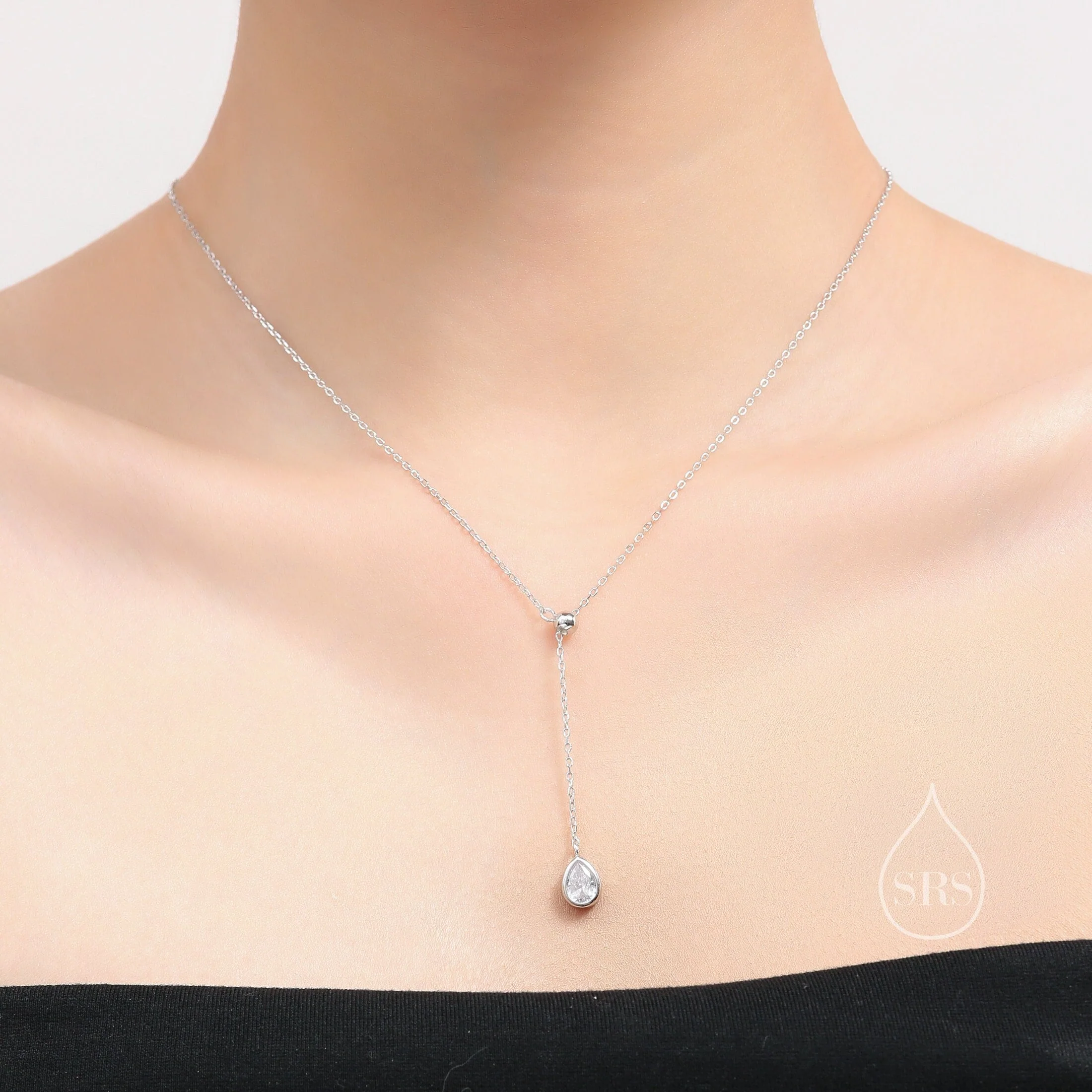 Delicate Droplet Emerald Green CZ Lariat Pendant Necklace in Sterling Silver, Silver or Gold, Minimalist Pear Cut CZ Adjustable Necklace - Image 6