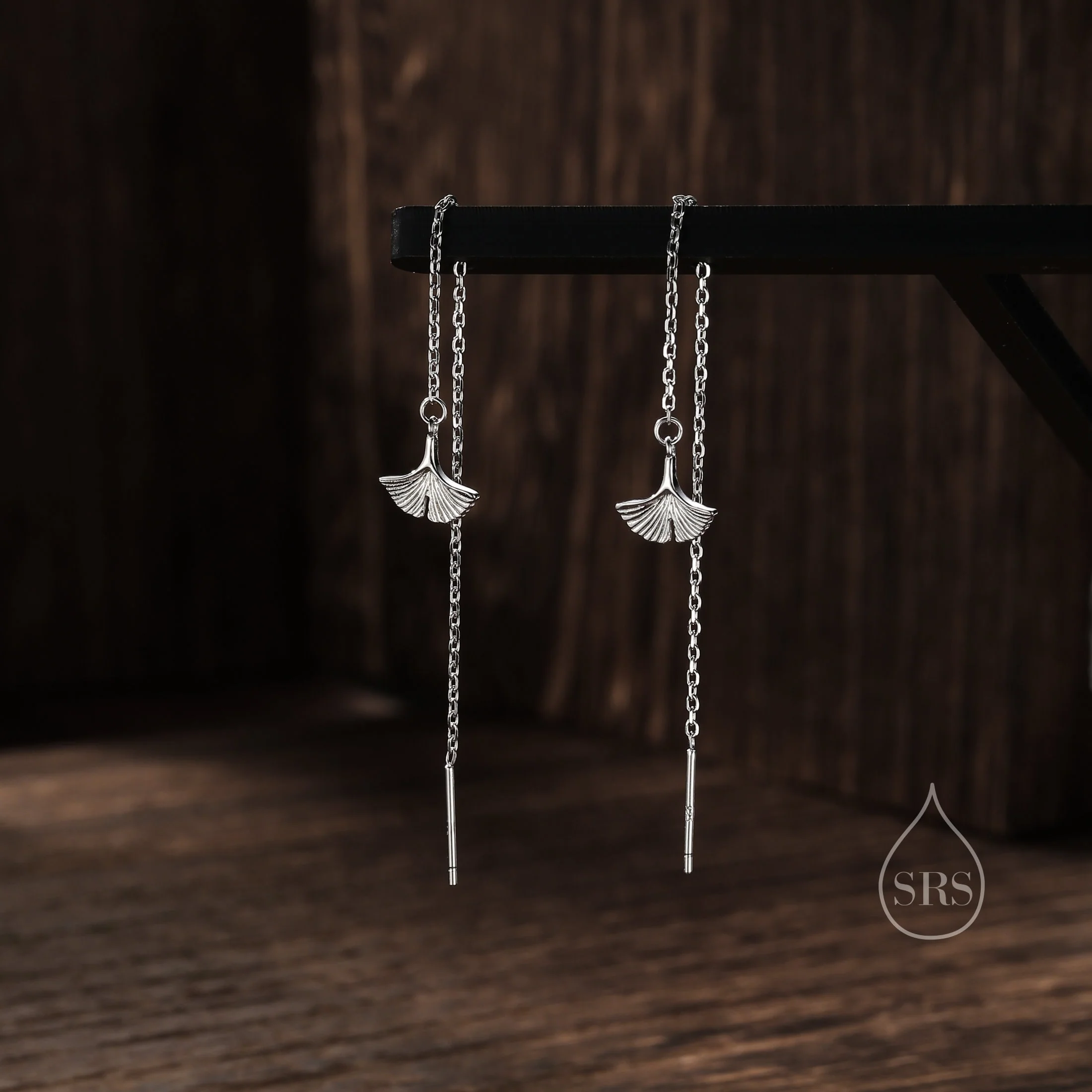 Delicate Ginkgo Leaf Threader Earrings in Sterling Silver, Silver or Gold or Rose Gold, Leaf Earrings, Ginkgo Long Threaders
