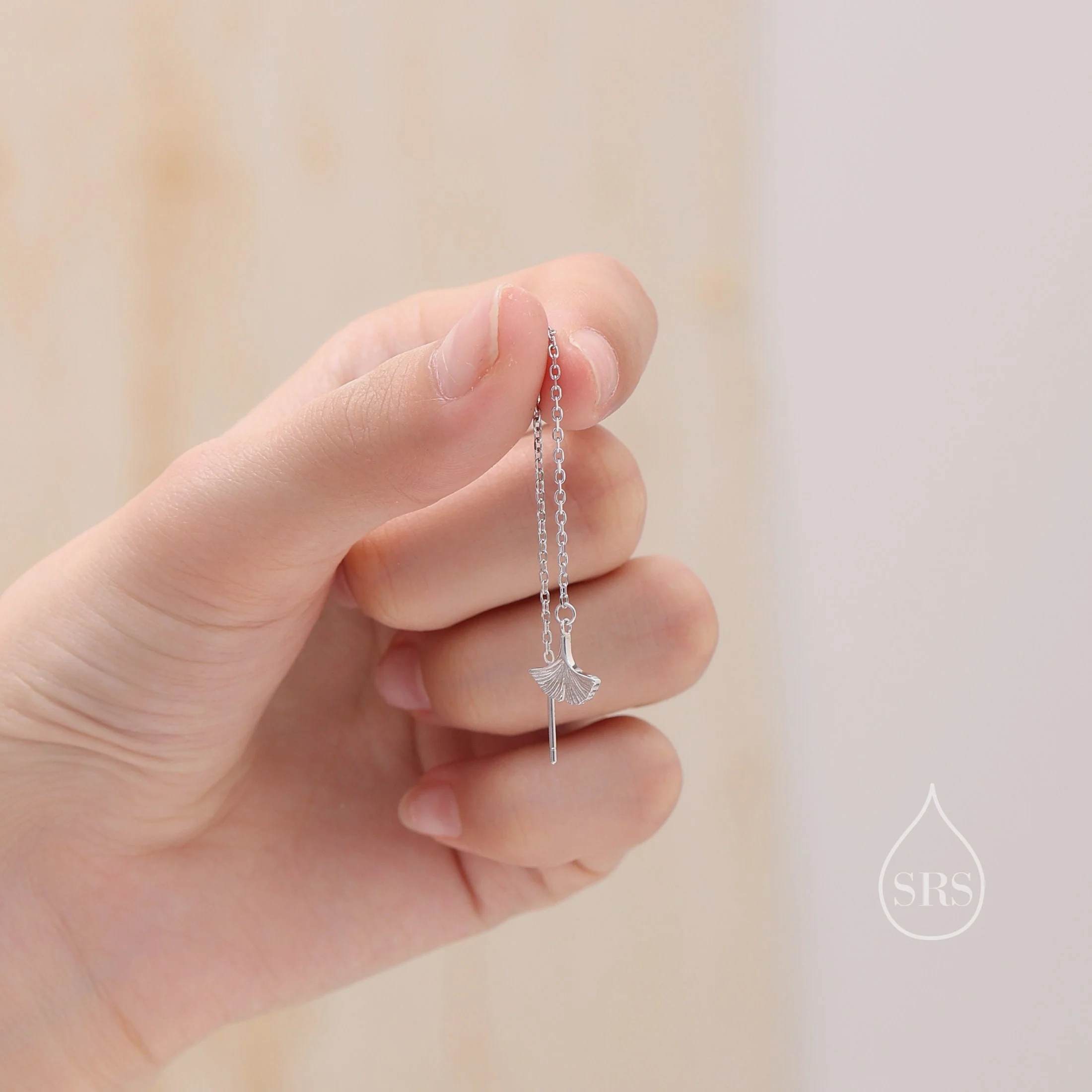 Delicate Ginkgo Leaf Threader Earrings in Sterling Silver, Silver or Gold or Rose Gold, Leaf Earrings, Ginkgo Long Threaders - Image 2