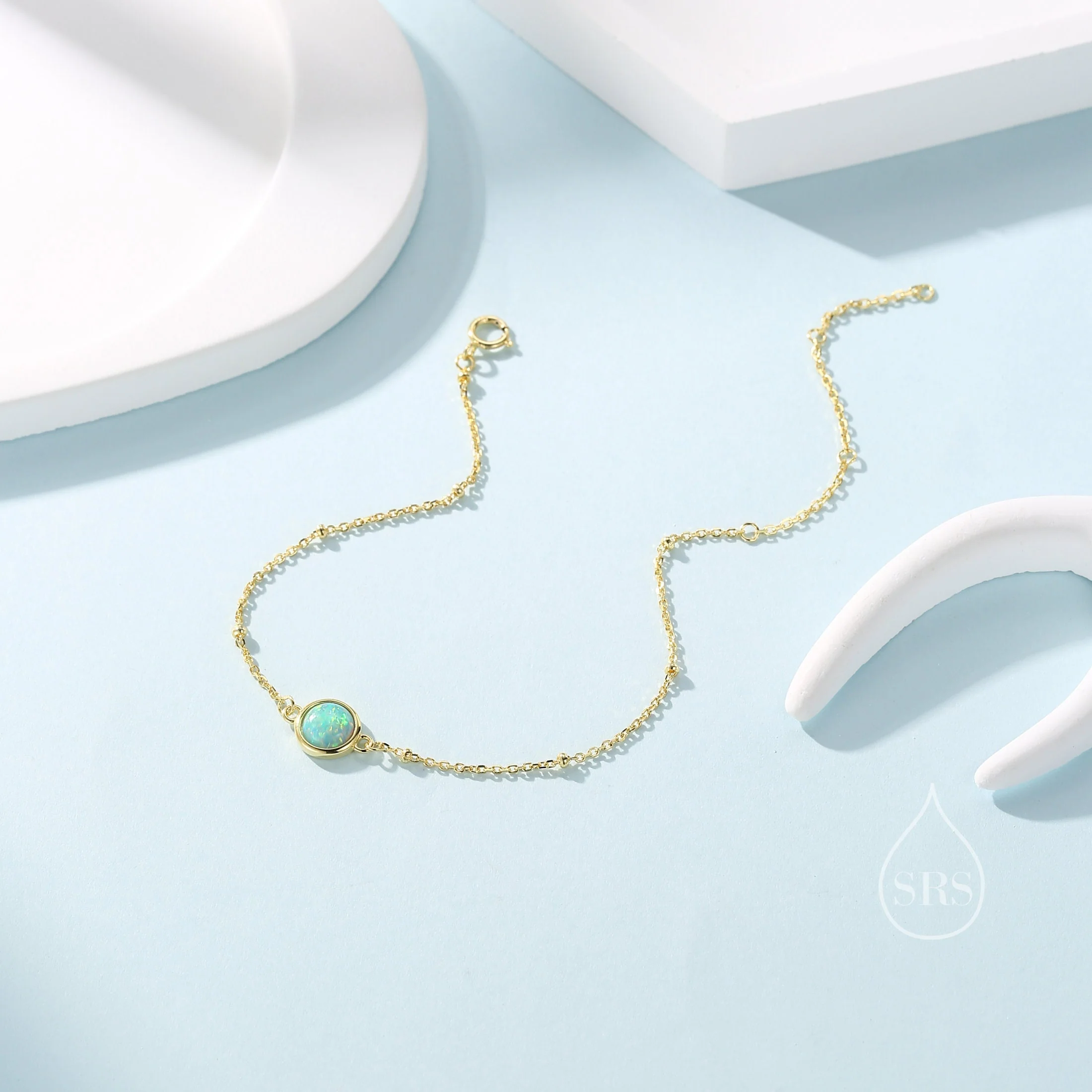 Delicate Green Opal Bracelet in Sterling Silver, Lab Created Opal Bracelet, Silver Single Opal Bracelet with Satellite Chain, Silver or Gold - Image 2