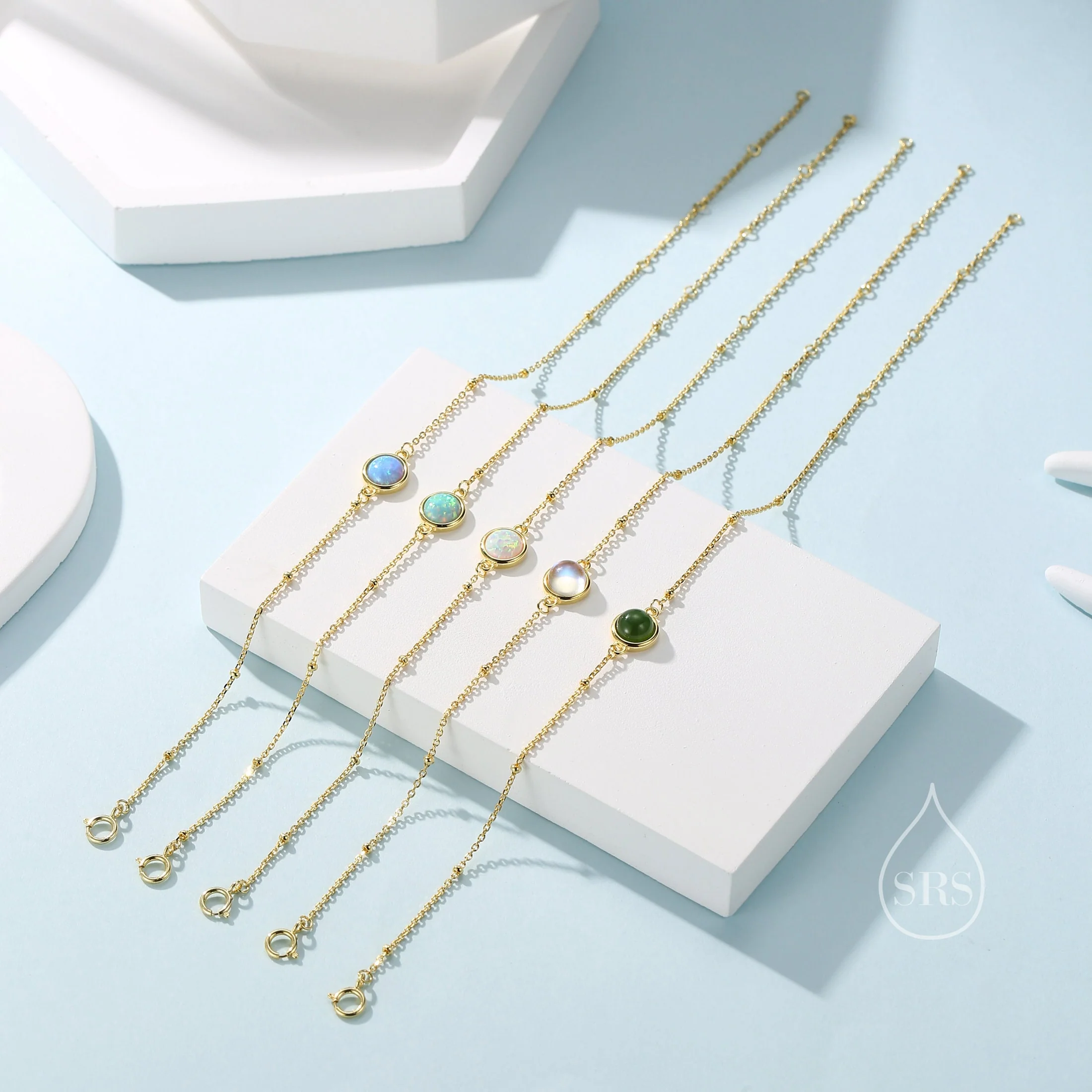 Delicate Green Opal Bracelet in Sterling Silver, Lab Created Opal Bracelet, Silver Single Opal Bracelet with Satellite Chain, Silver or Gold - Image 7