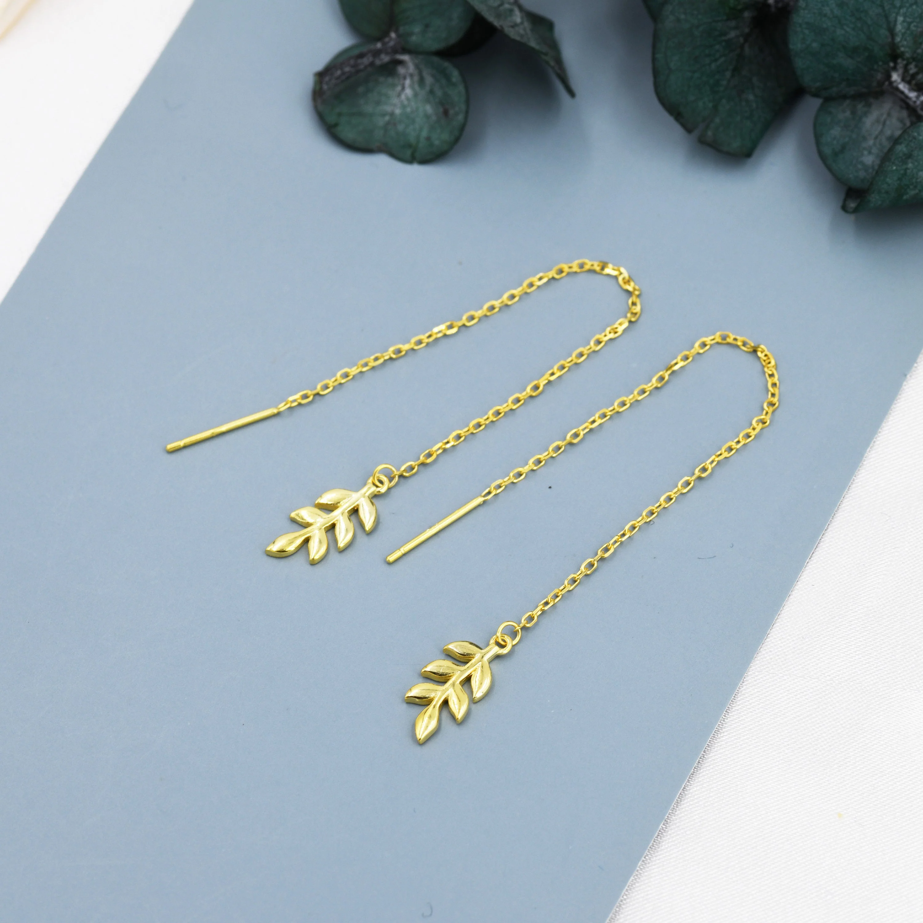 Delicate Leaf Threader Earrings in Sterling Silver, Olive Branch Earrings, Silver, Gold or Rose Gold, Long Threders - Image 5
