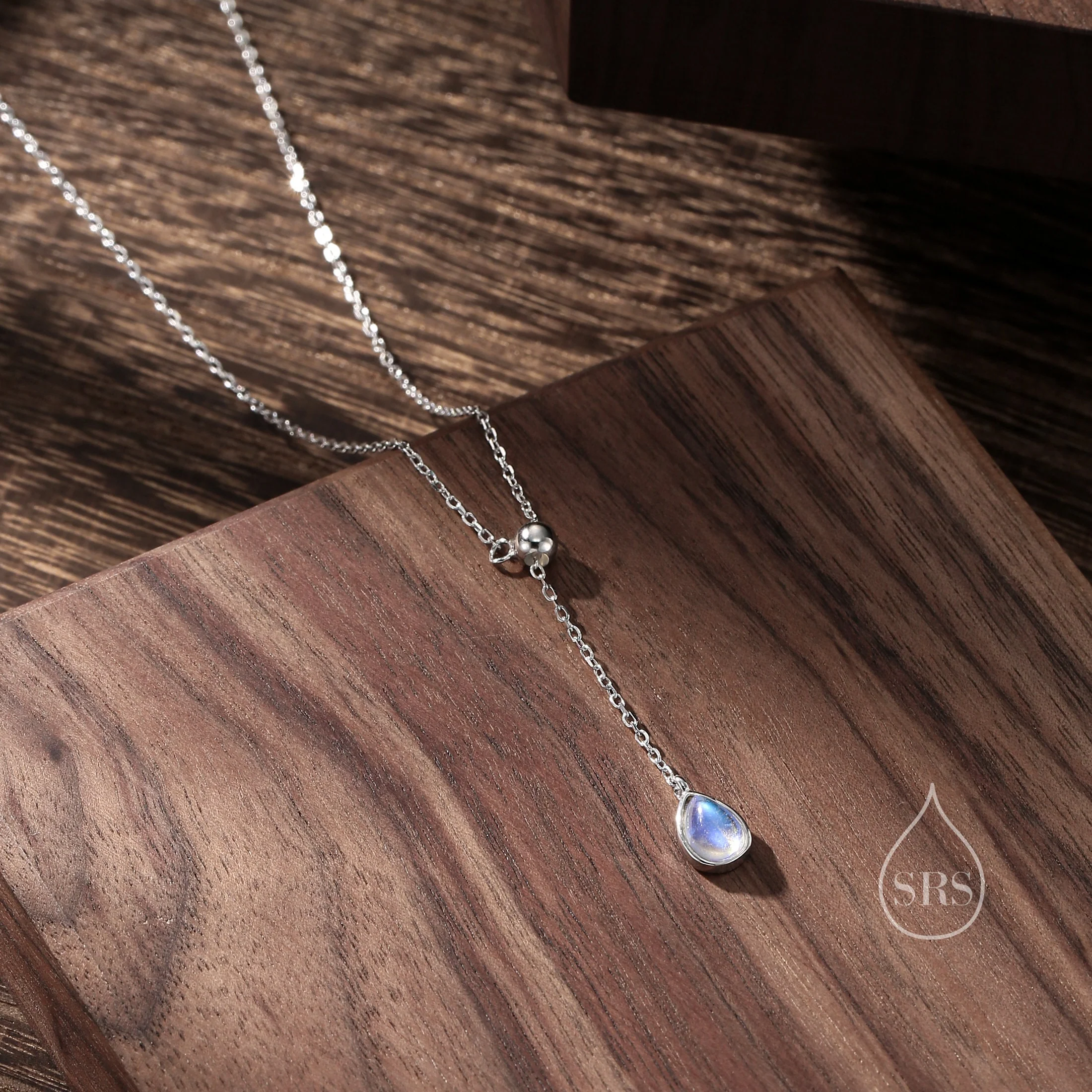 Delicate Moonstone Droplet Lariat Pendant Necklace in Sterling Silver, Silver or Gold, Minimalist Pear Shape Moonstone Adjustable Necklace - Image 5