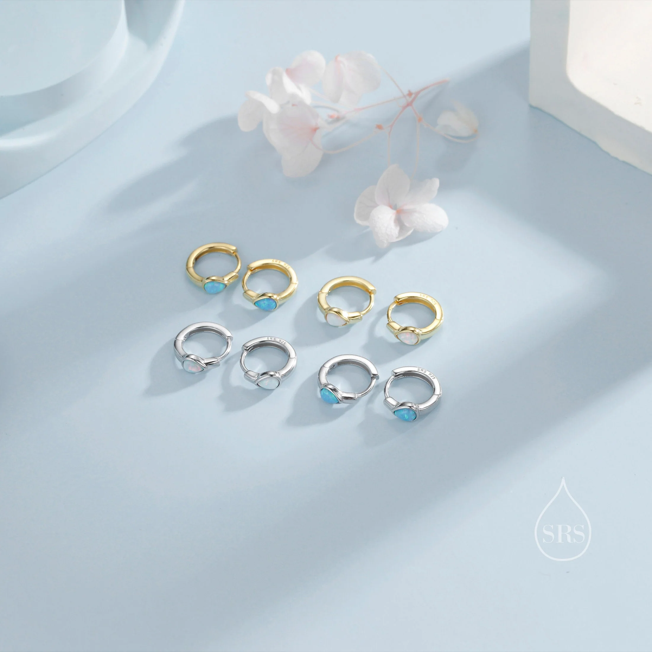 Delicate Opal Droplet Huggie Hoop Earrings in Sterling Silver, Silver or Gold, Blue or White Pear Shape Opal, Tiny Opal Hoop Earrings - Image 2