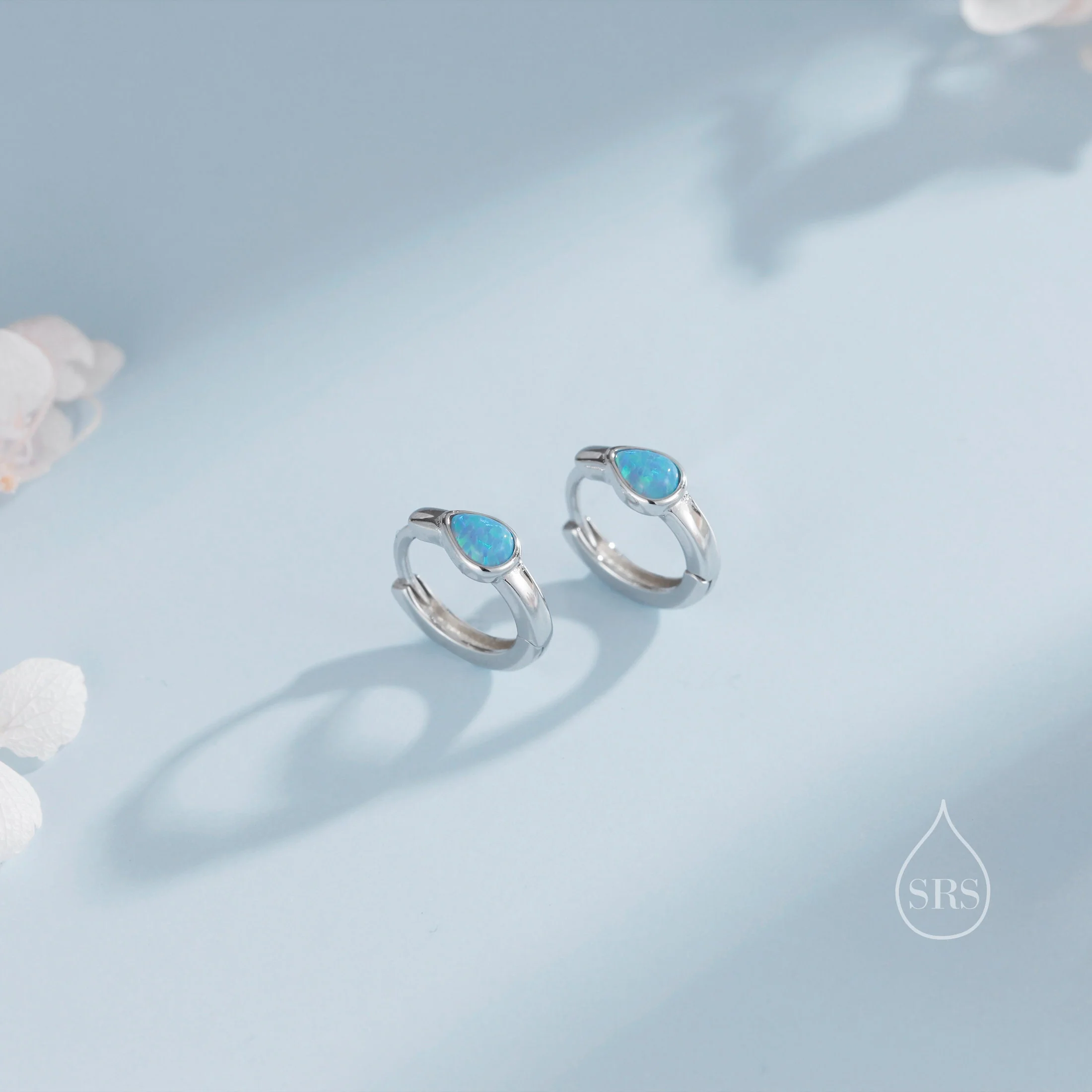 Delicate Opal Droplet Huggie Hoop Earrings in Sterling Silver, Silver or Gold, Blue or White Pear Shape Opal, Tiny Opal Hoop Earrings - Image 3