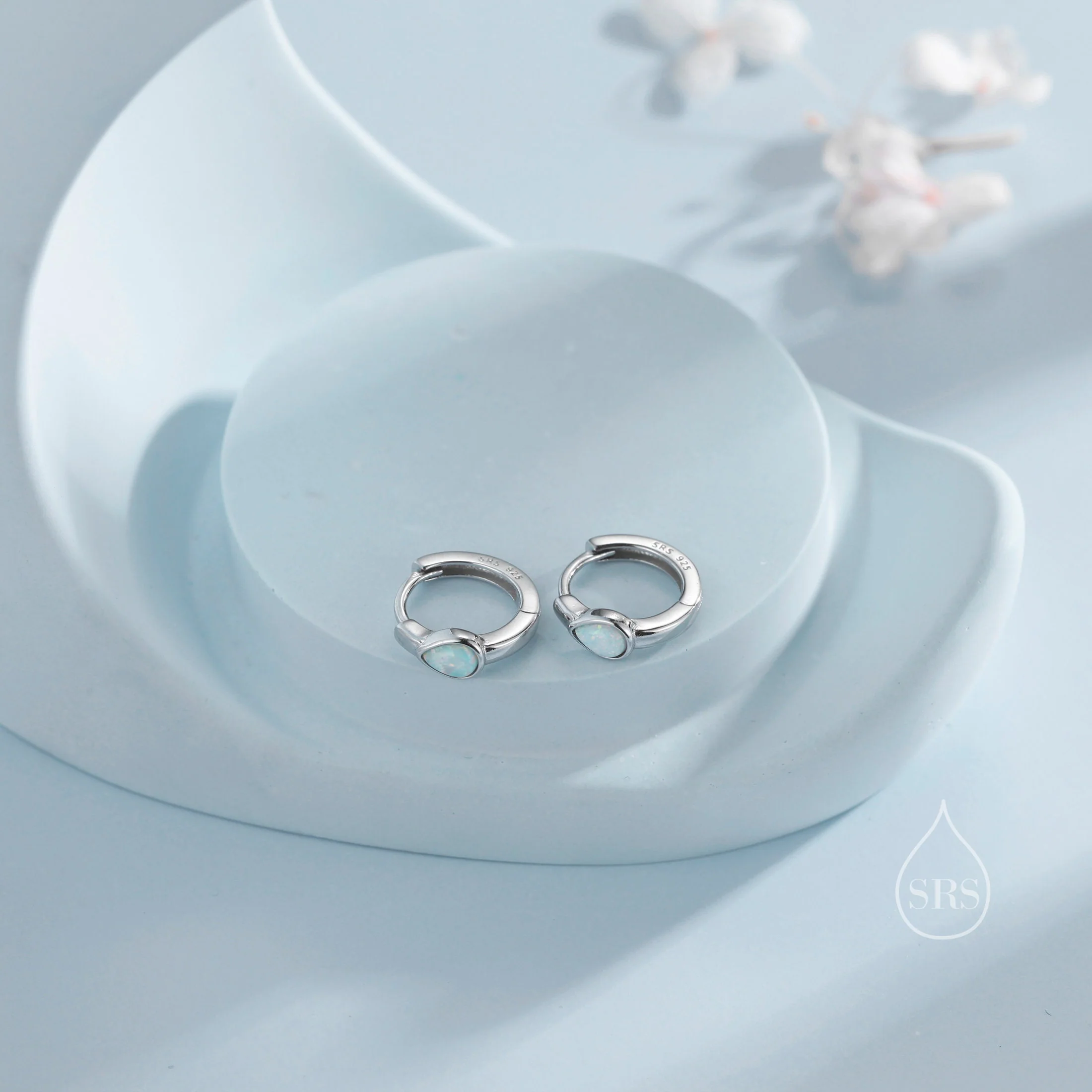 Delicate Opal Droplet Huggie Hoop Earrings in Sterling Silver, Silver or Gold, Blue or White Pear Shape Opal, Tiny Opal Hoop Earrings - Image 4