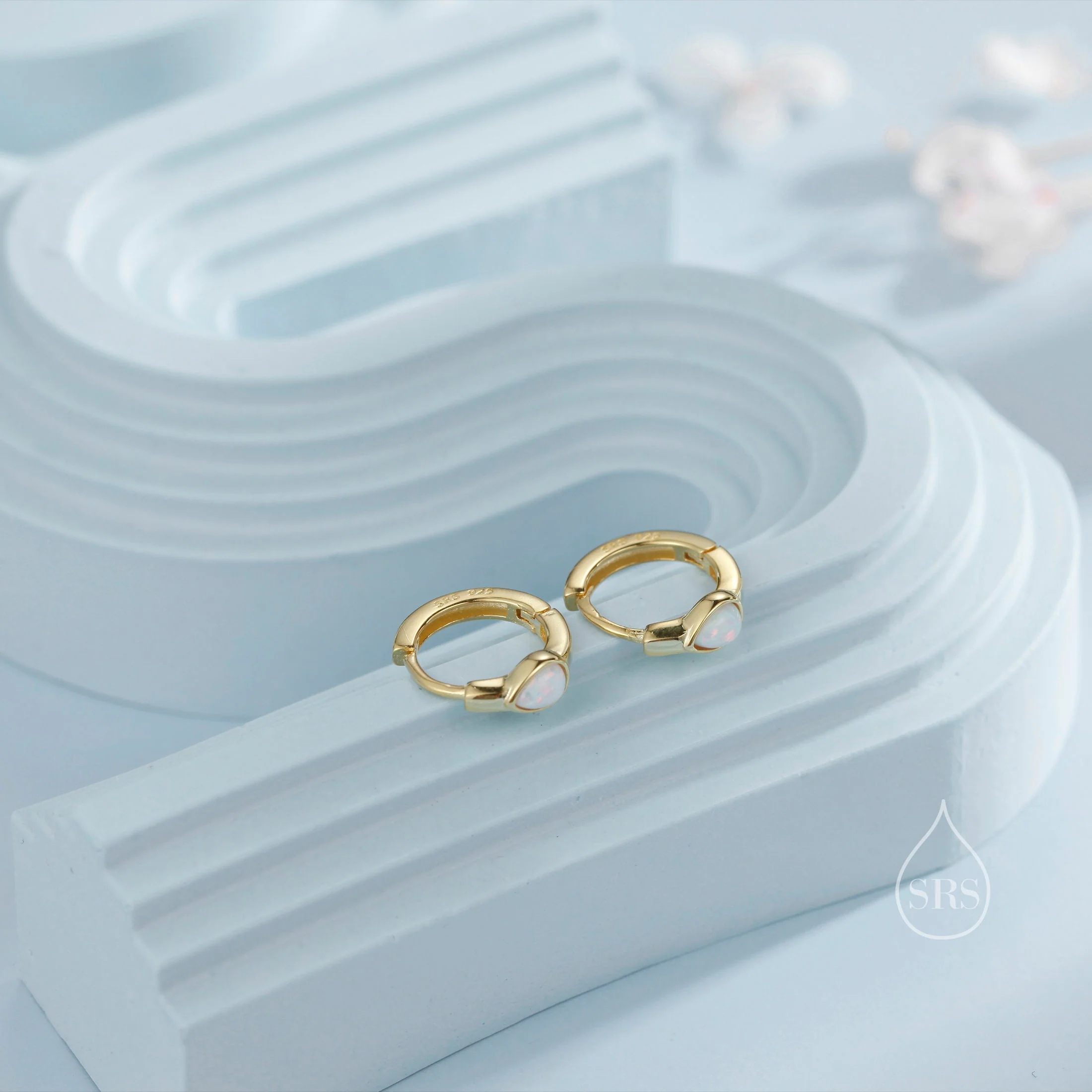 Delicate Opal Droplet Huggie Hoop Earrings in Sterling Silver, Silver or Gold, Blue or White Pear Shape Opal, Tiny Opal Hoop Earrings - Image 5