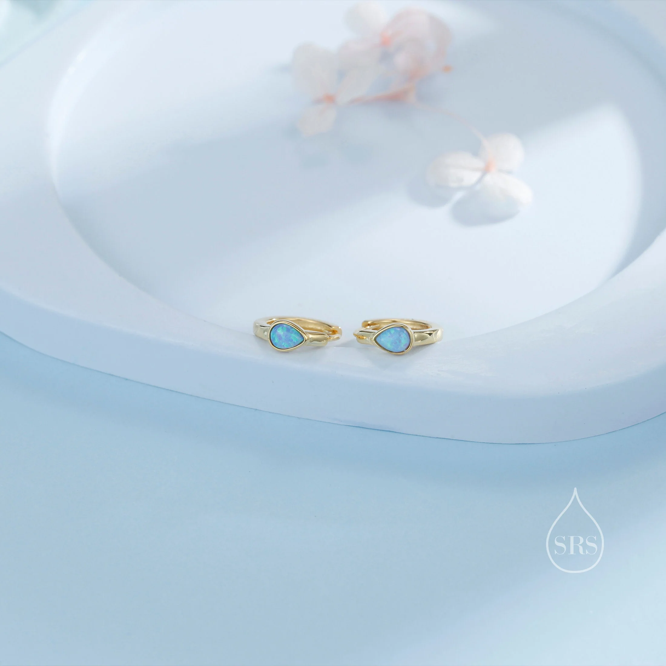 Delicate Opal Droplet Huggie Hoop Earrings in Sterling Silver, Silver or Gold, Blue or White Pear Shape Opal, Tiny Opal Hoop Earrings - Image 6