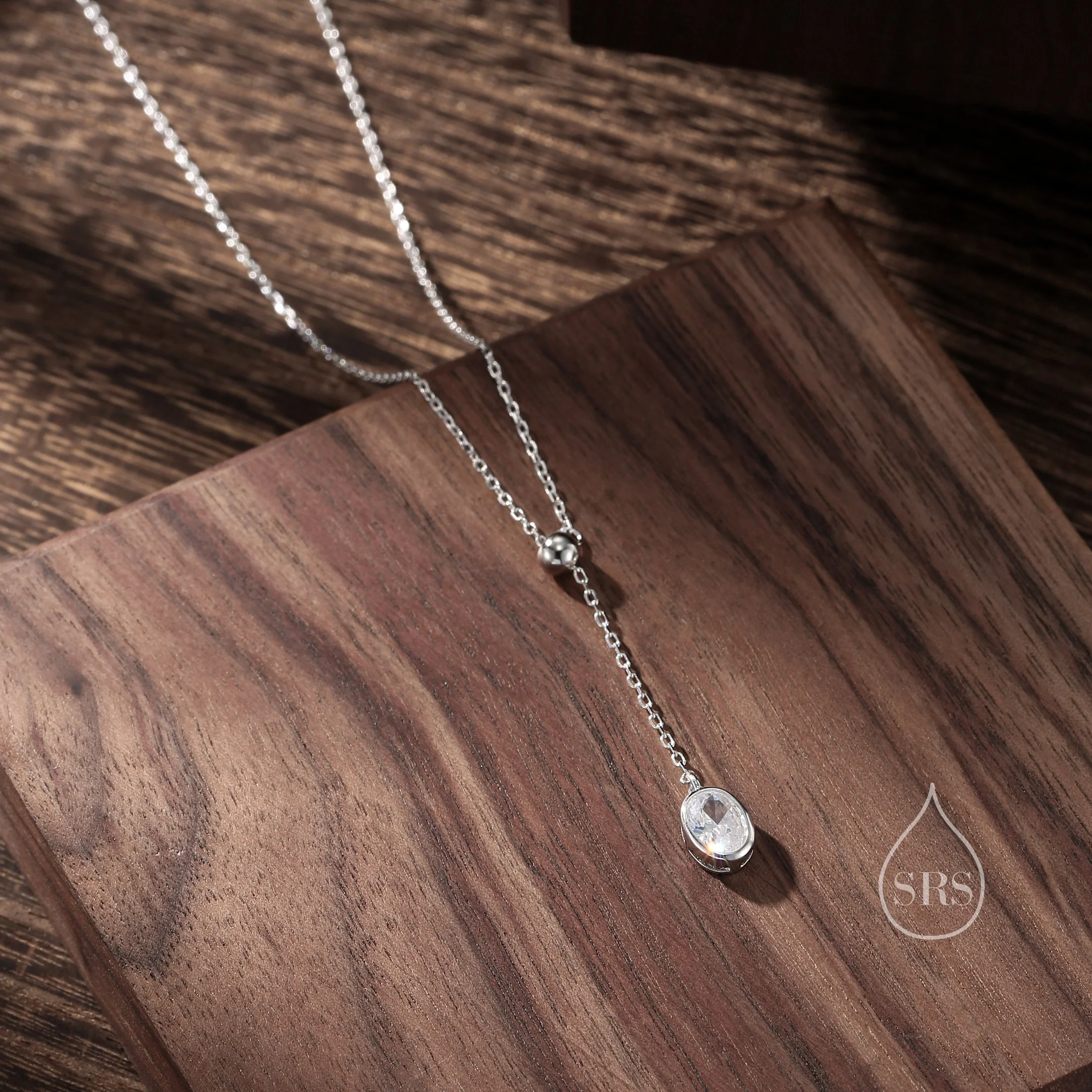 Delicate Oval CZ Lariat Pendant Necklace in Sterling Silver, Silver or Gold, Minimalist Oval Shape CZ Adjustable Necklace - Image 3