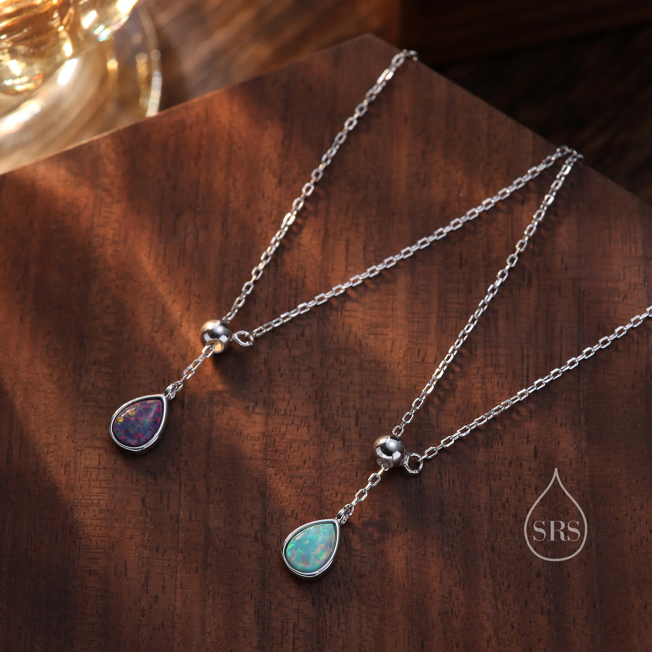 Delicate Purple Opal Droplet Lariat Pendant Necklace in Sterling Silver, Silver or Gold, Minimalist Pear Shape Lab Opal Adjustable Necklace - Image 10