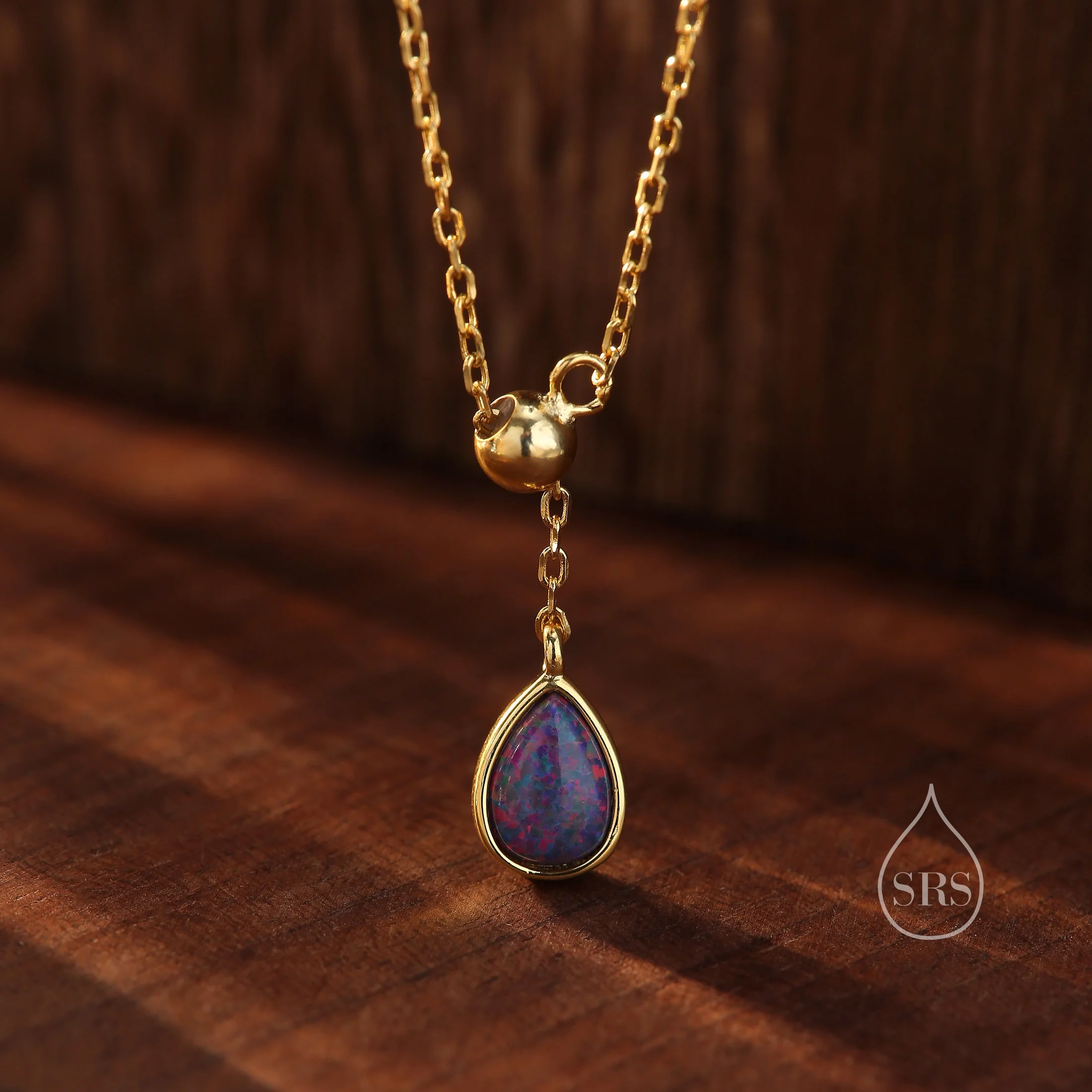 Delicate Purple Opal Droplet Lariat Pendant Necklace in Sterling Silver, Silver or Gold, Minimalist Pear Shape Lab Opal Adjustable Necklace - Image 2