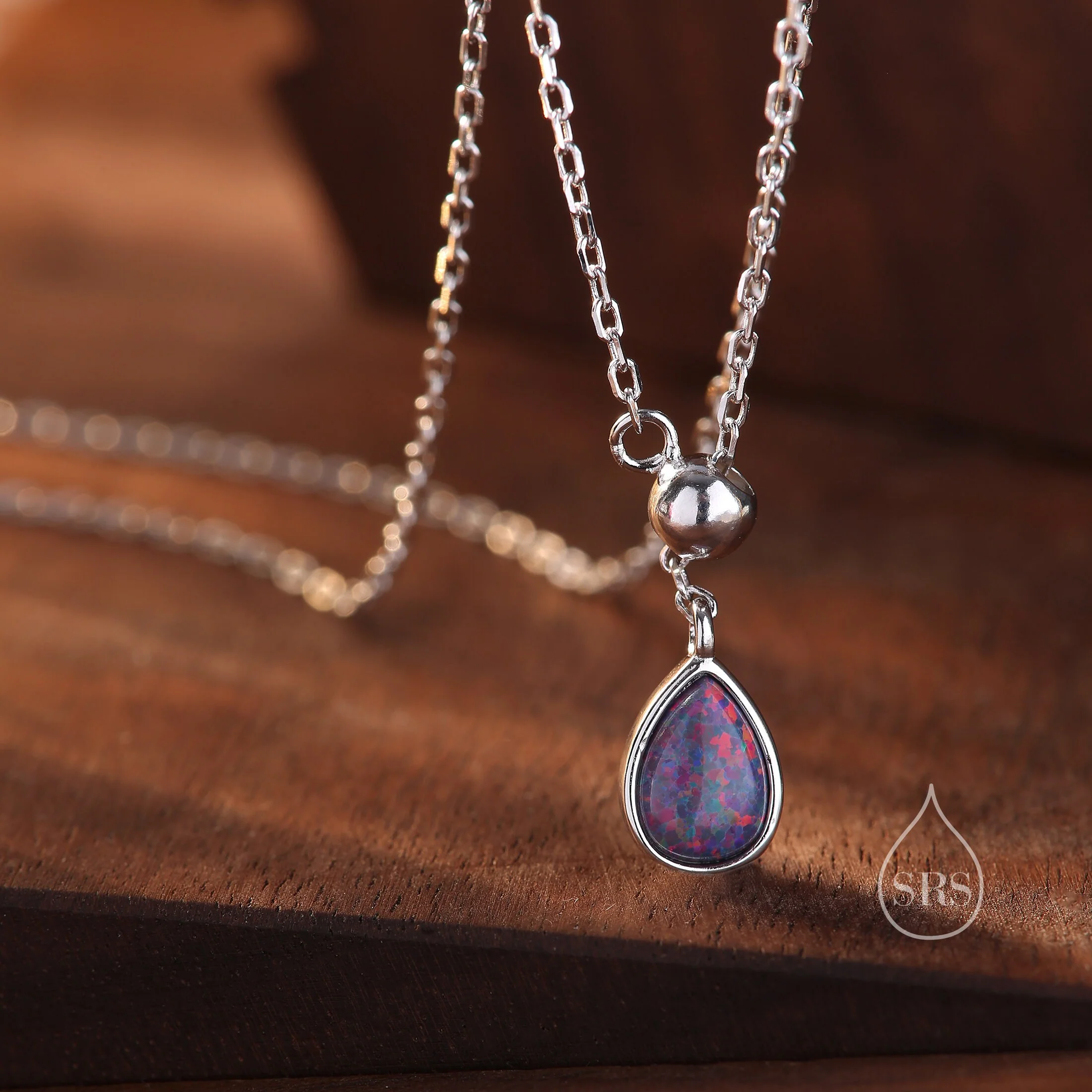 Delicate Purple Opal Droplet Lariat Pendant Necklace in Sterling Silver, Silver or Gold, Minimalist Pear Shape Lab Opal Adjustable Necklace - Image 3