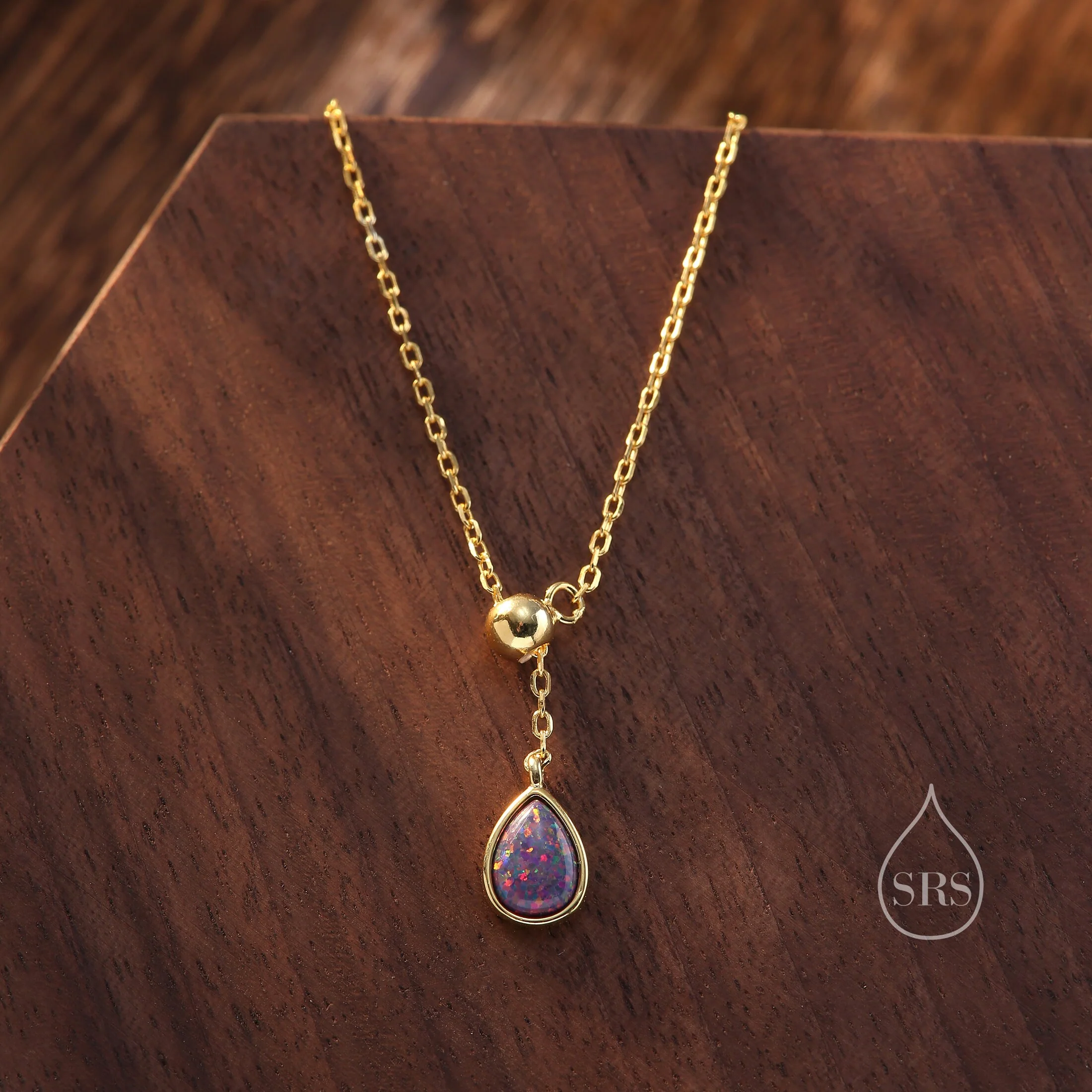 Delicate Purple Opal Droplet Lariat Pendant Necklace in Sterling Silver, Silver or Gold, Minimalist Pear Shape Lab Opal Adjustable Necklace - Image 5