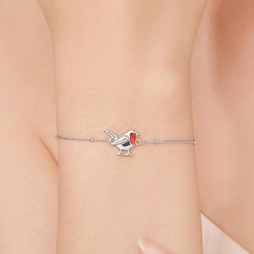 Delicate Robin Bird Bracelet in Sterling Silver with a Satellite Chain, Nature Inspired Bird Jewellery, Minimalist, Simple and Tiny