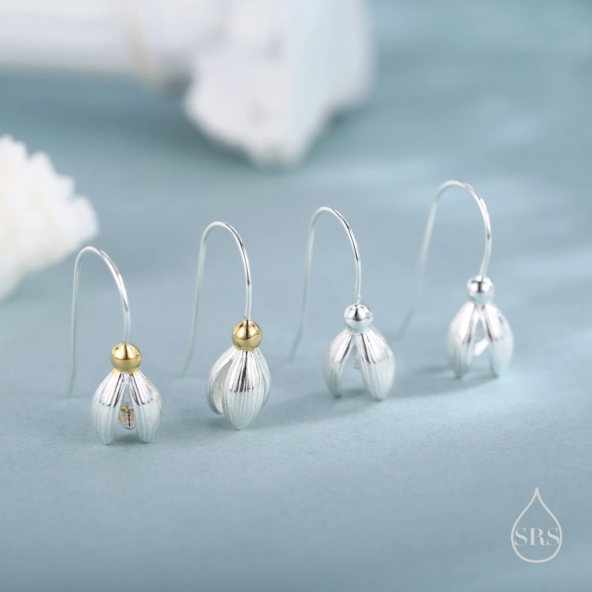 Delicate Snowdrop Flower Drop Earrings in Sterling Silver, Silver and Gold, Nature Inspired Flower Earrings, January Birth Flower, Botanical - Image 3