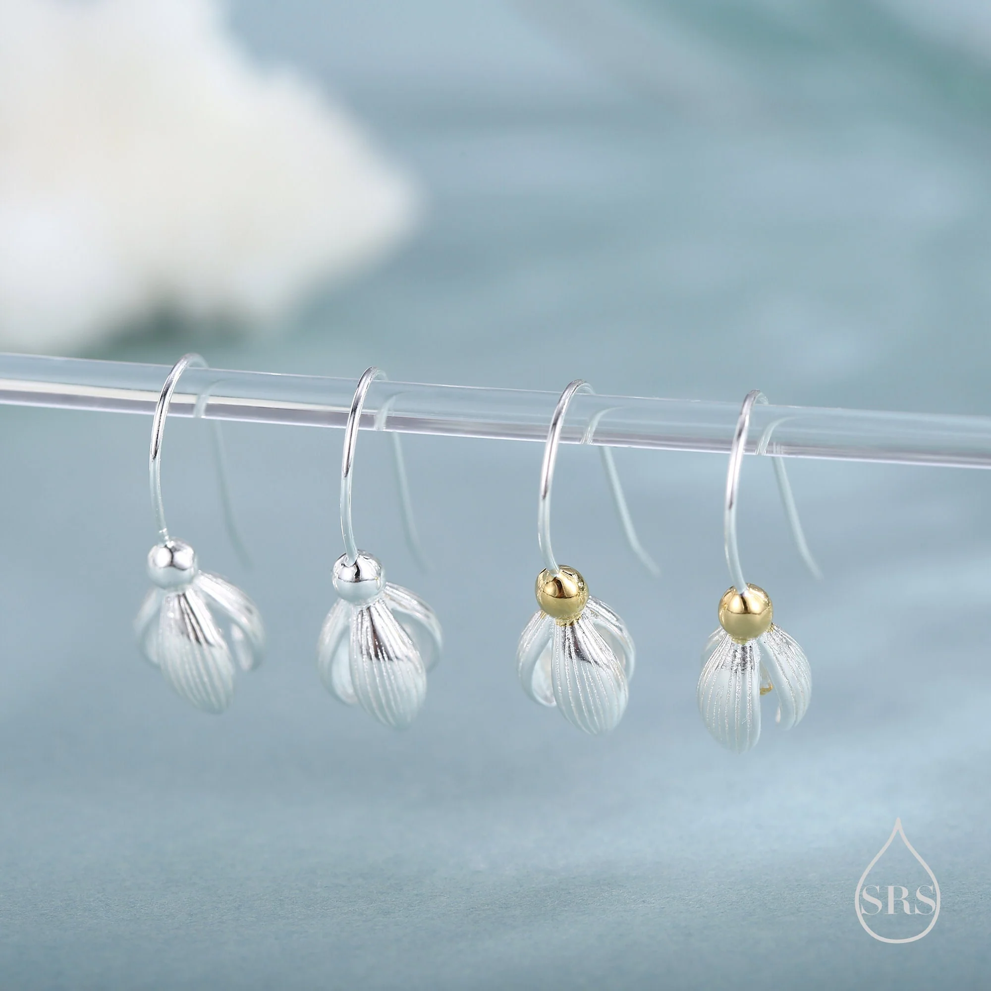 Delicate Snowdrop Flower Drop Earrings in Sterling Silver, Silver and Gold, Nature Inspired Flower Earrings, January Birth Flower, Botanical - Image 4