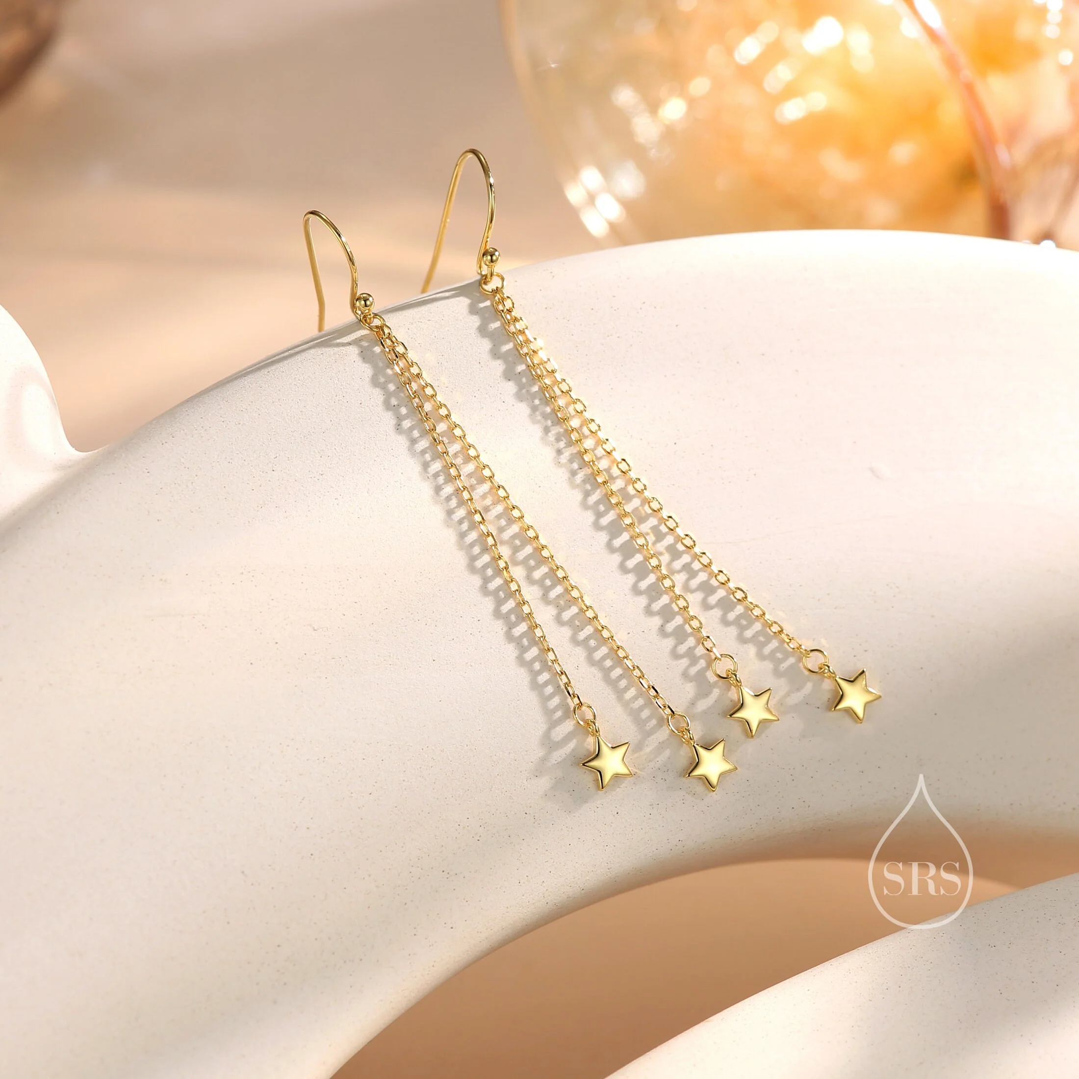 Delicate Star Dangle Drop Hook Earrings in Sterling Silver, Double Star Drop Dangle Earrings in Silver or Gold or Rose Gold - Image 3