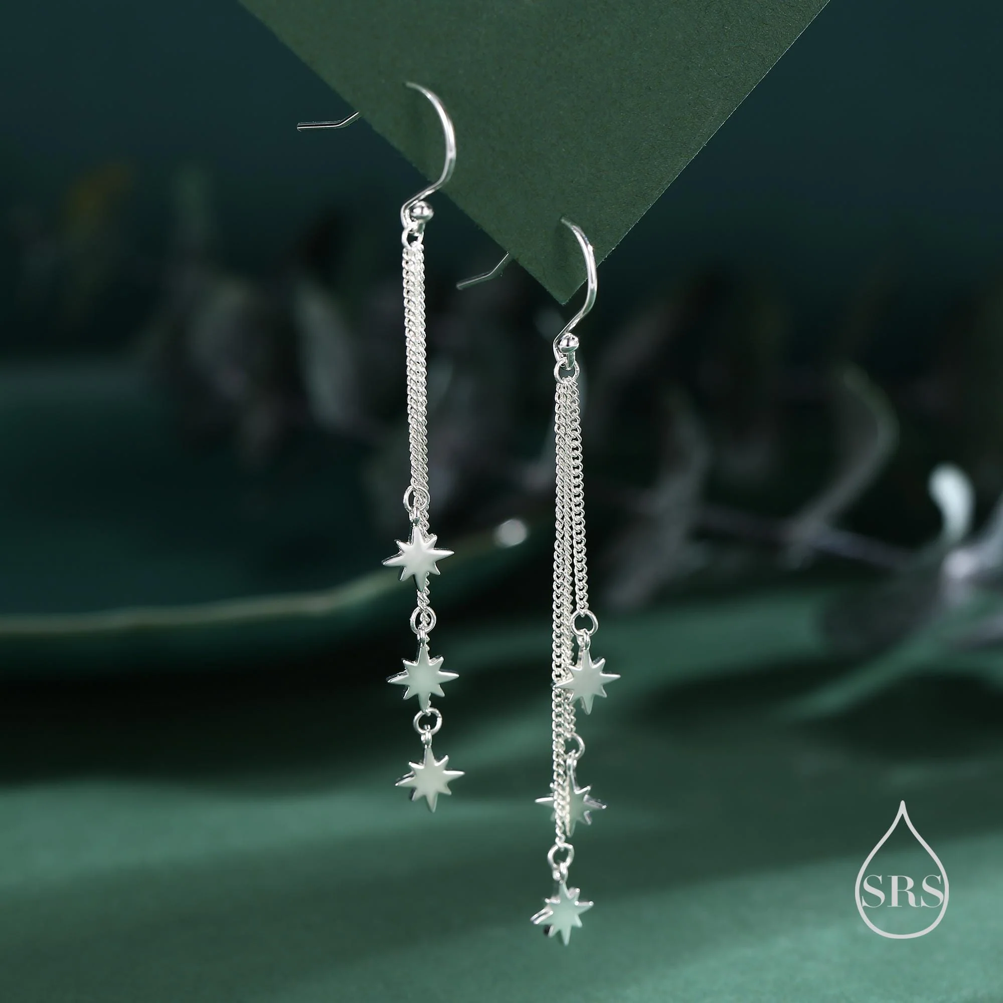 Delicate Starburst Cascade Dangle Drop Hook Earrings in Sterling Silver, Triple Star Drop Dangle Earrings in Silver or Gold or Rose Gold - Image 3