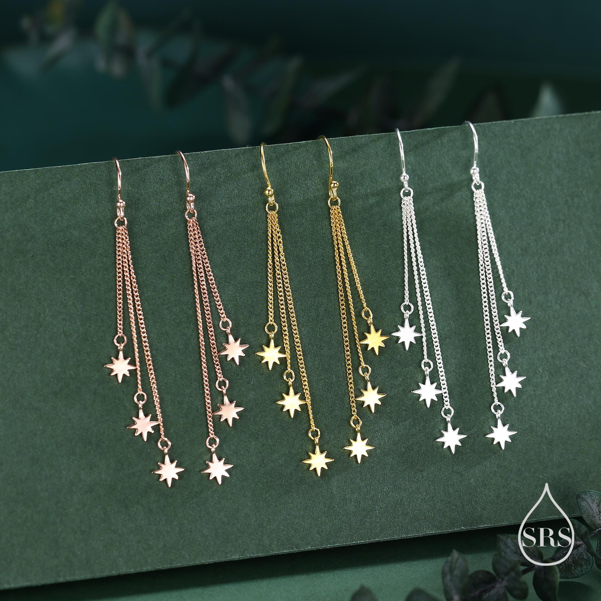 Delicate Starburst Cascade Dangle Drop Hook Earrings in Sterling Silver, Triple Star Drop Dangle Earrings in Silver or Gold or Rose Gold - Image 6